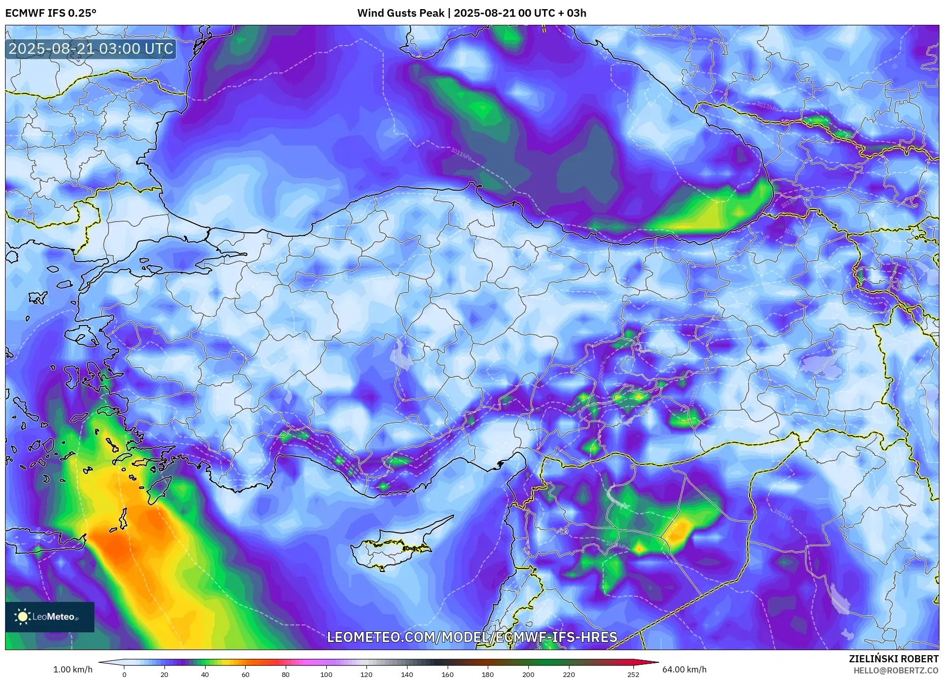 ECMWF IFS 0.25° model - Turkey, Wind Gusts Peak