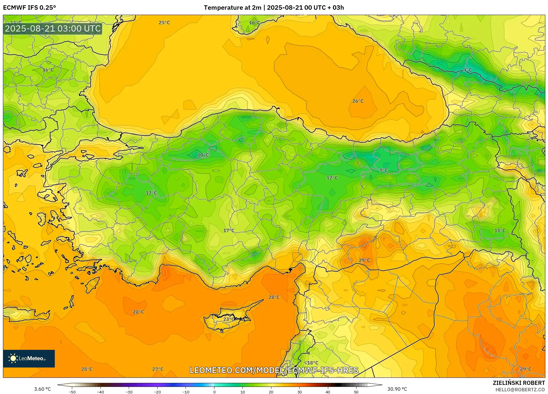 ECMWF IFS 0.25° model - Turkey, Temperature at 2m ECMWF IFS 0.25° model - Turkey, Temperature at 2m