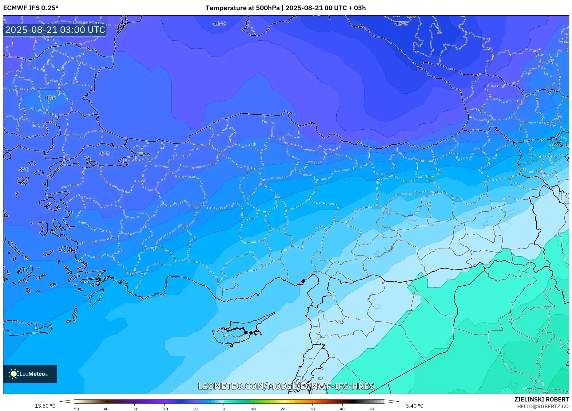 ECMWF IFS 0.25° model - Turkey, Temperature at 500hPa