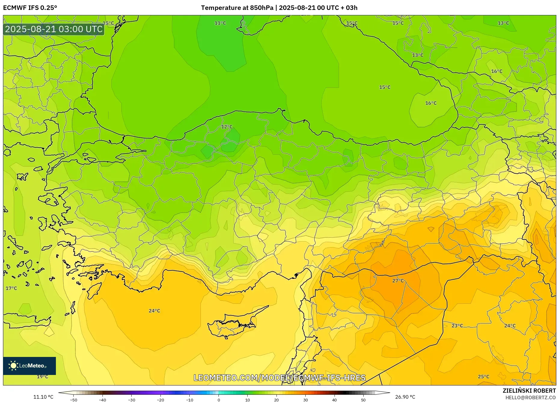 ECMWF IFS 0.25° model - Turkey, Temperature at 850hPa