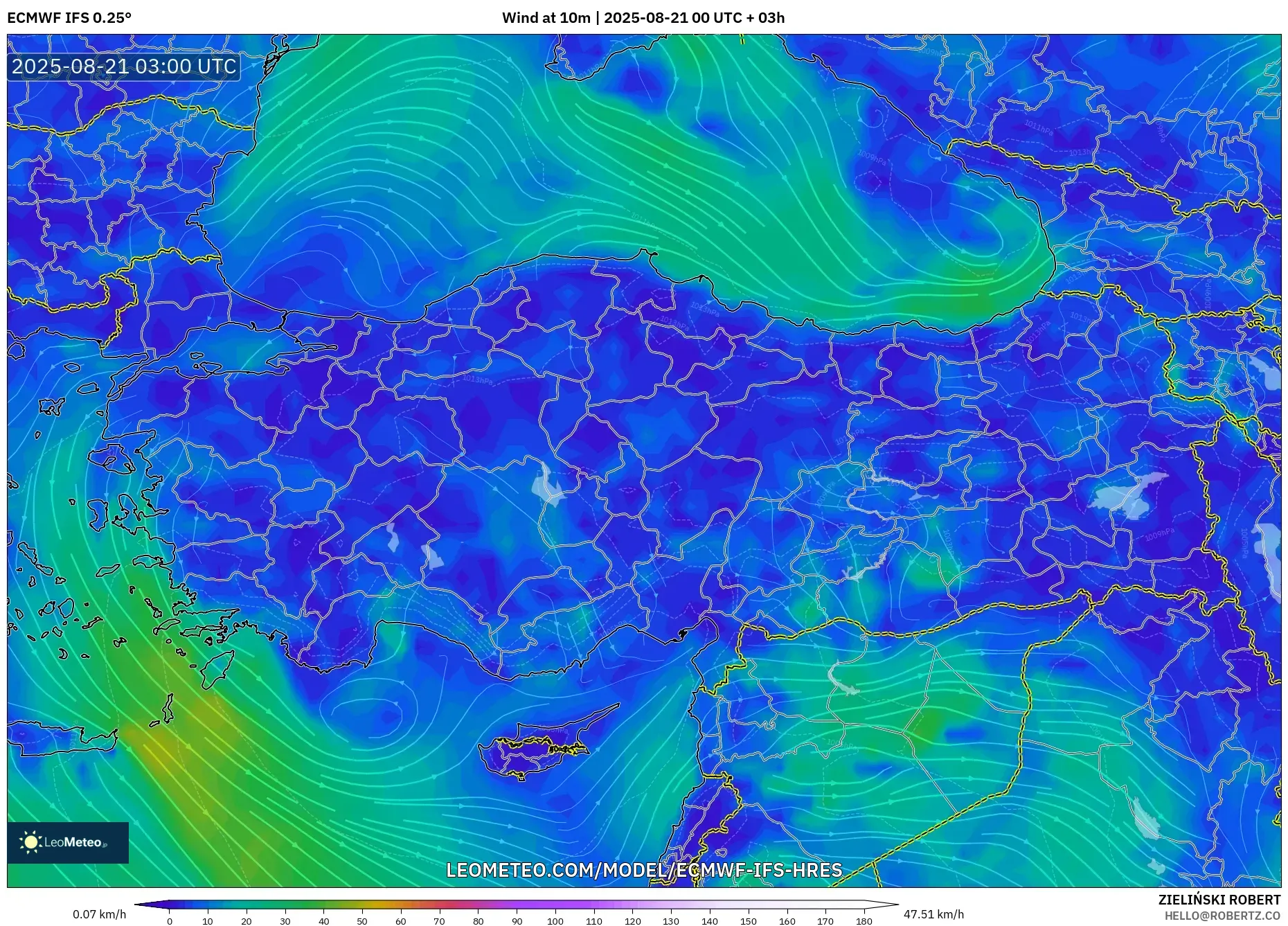 ECMWF IFS 0.25° model - Turkey, Wind at 10m