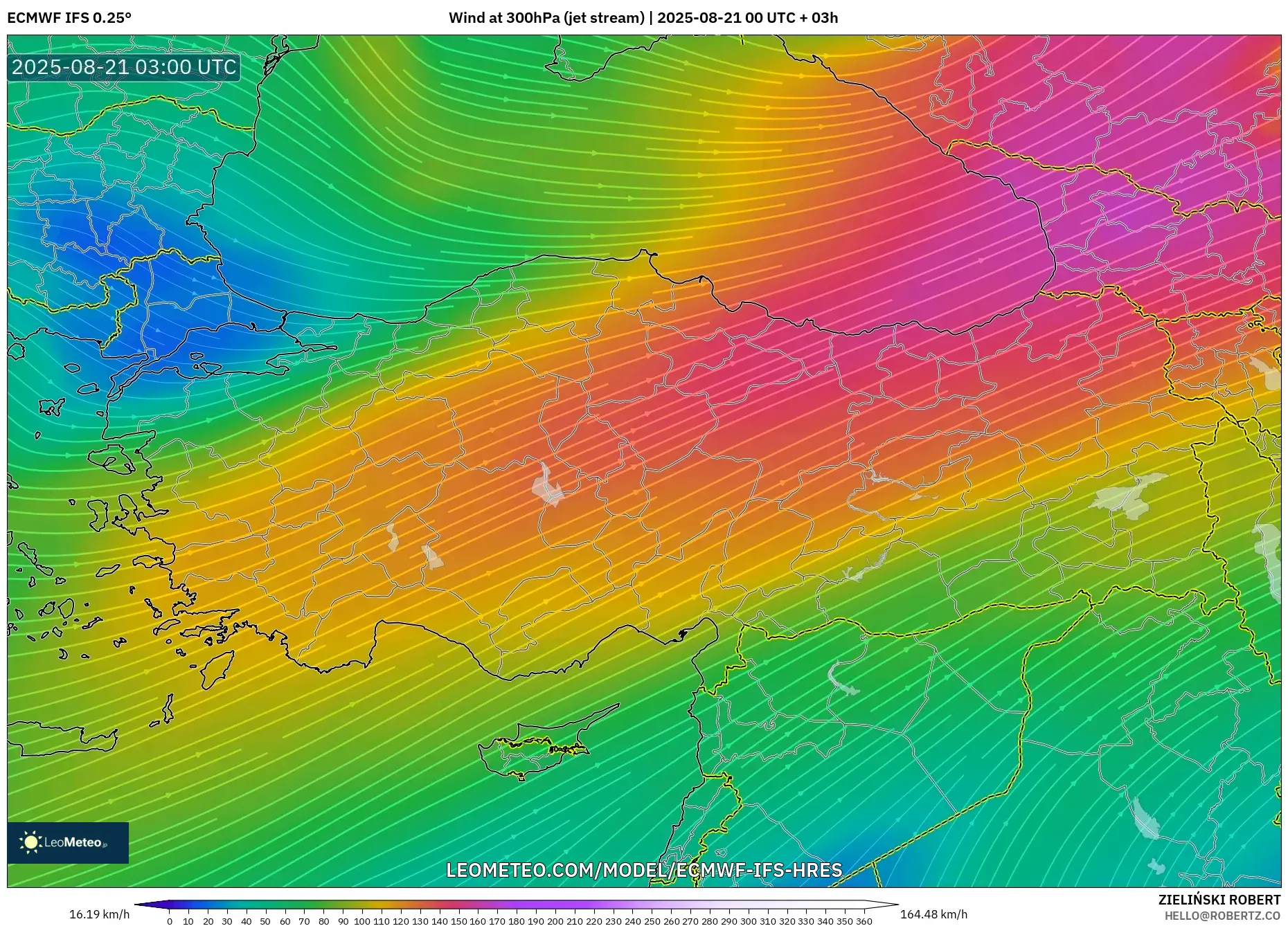 ECMWF IFS 0.25° model - Turkey, Wind at 300hPa (jet stream)