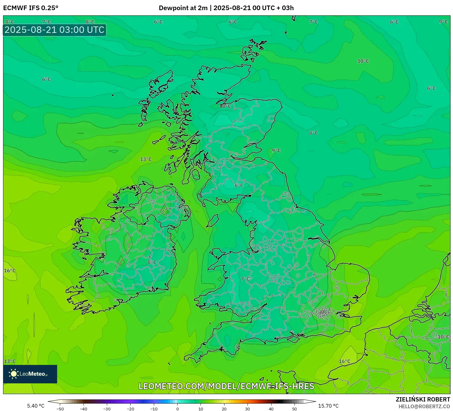 ECMWF IFS 0.25° model - United Kingdom, Dewpoint at 2m