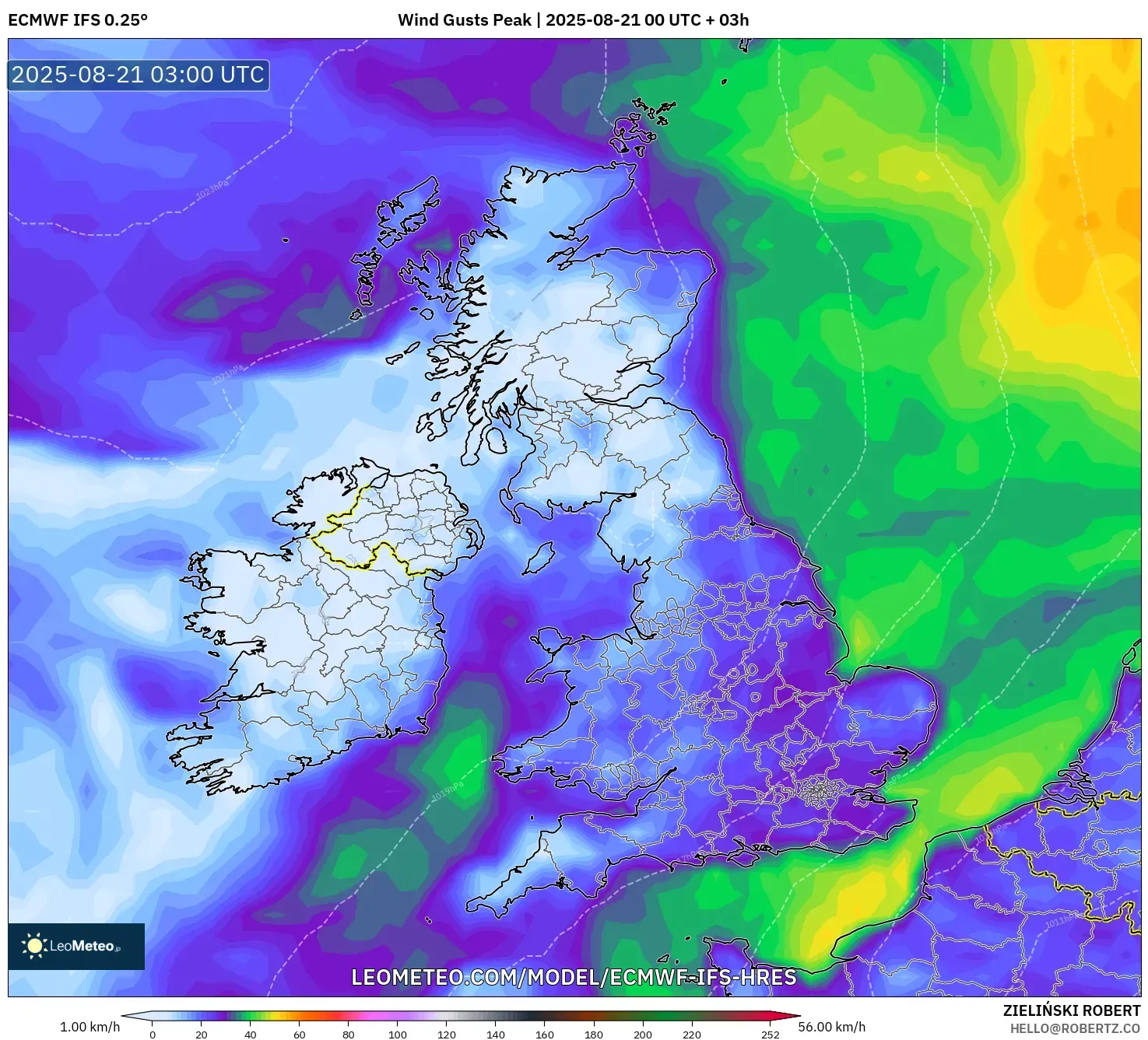 ECMWF IFS 0.25° model - United Kingdom, Wind Gusts Peak