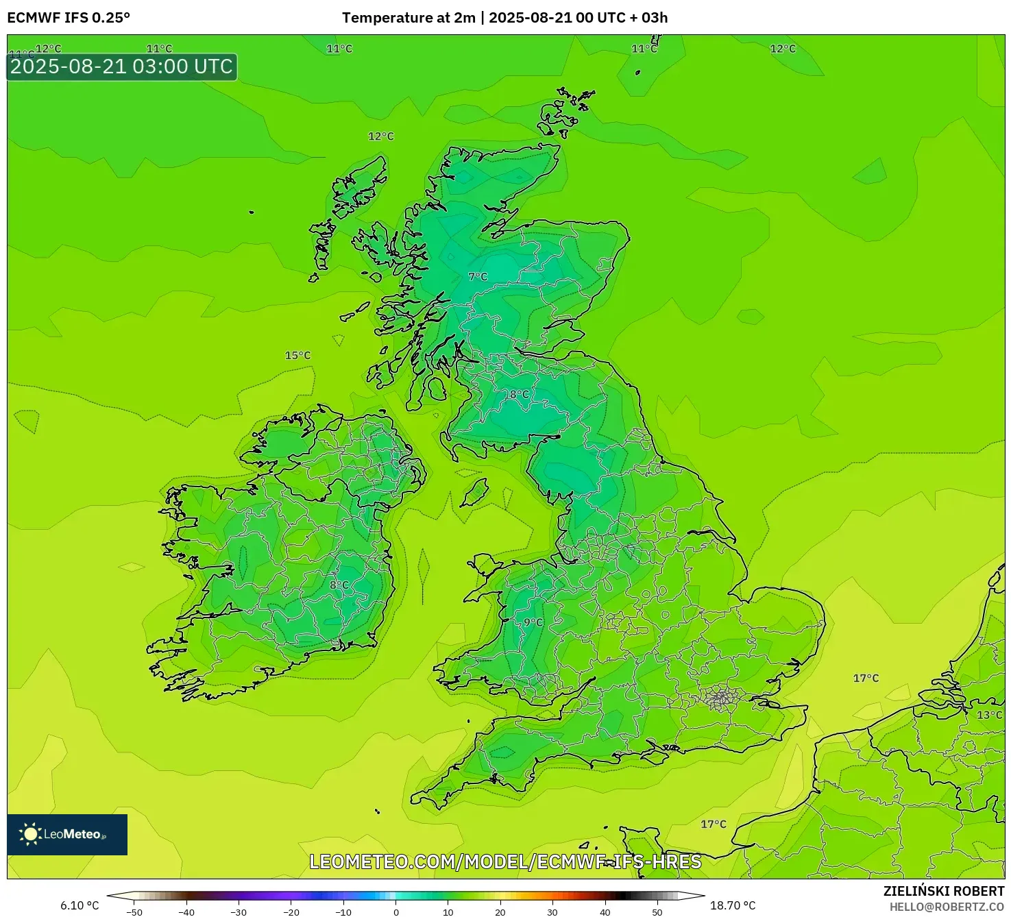 ECMWF IFS 0.25° model - United Kingdom, Temperature at 2m