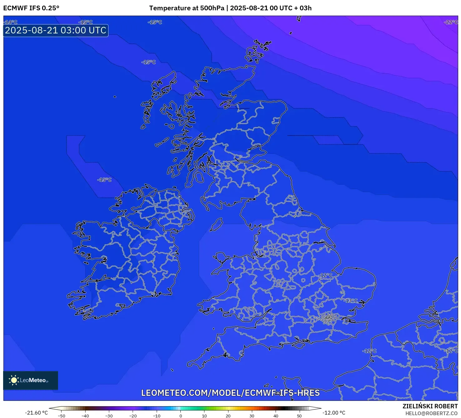 ECMWF IFS 0.25° model - United Kingdom, Temperature at 500hPa