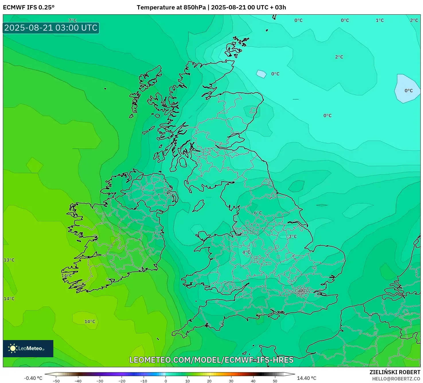 ECMWF IFS 0.25° model - United Kingdom, Temperature at 850hPa