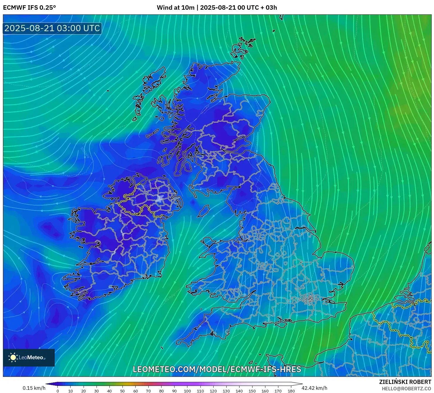 ECMWF IFS 0.25° model - United Kingdom, Wind at 10m