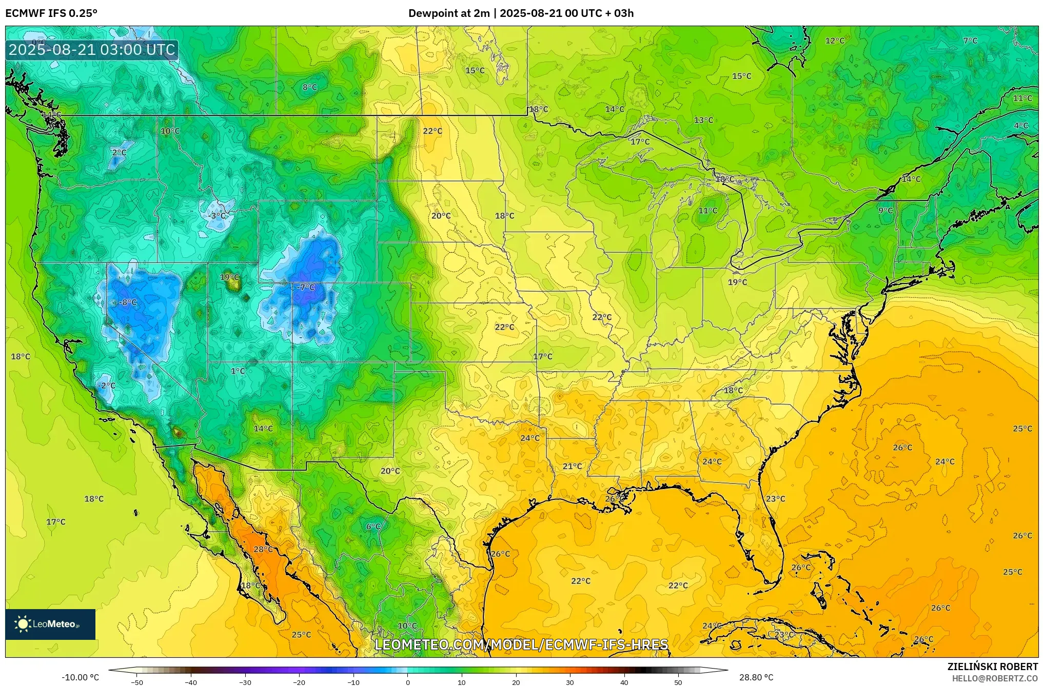 ECMWF IFS 0.25° model - United States, Dewpoint at 2m