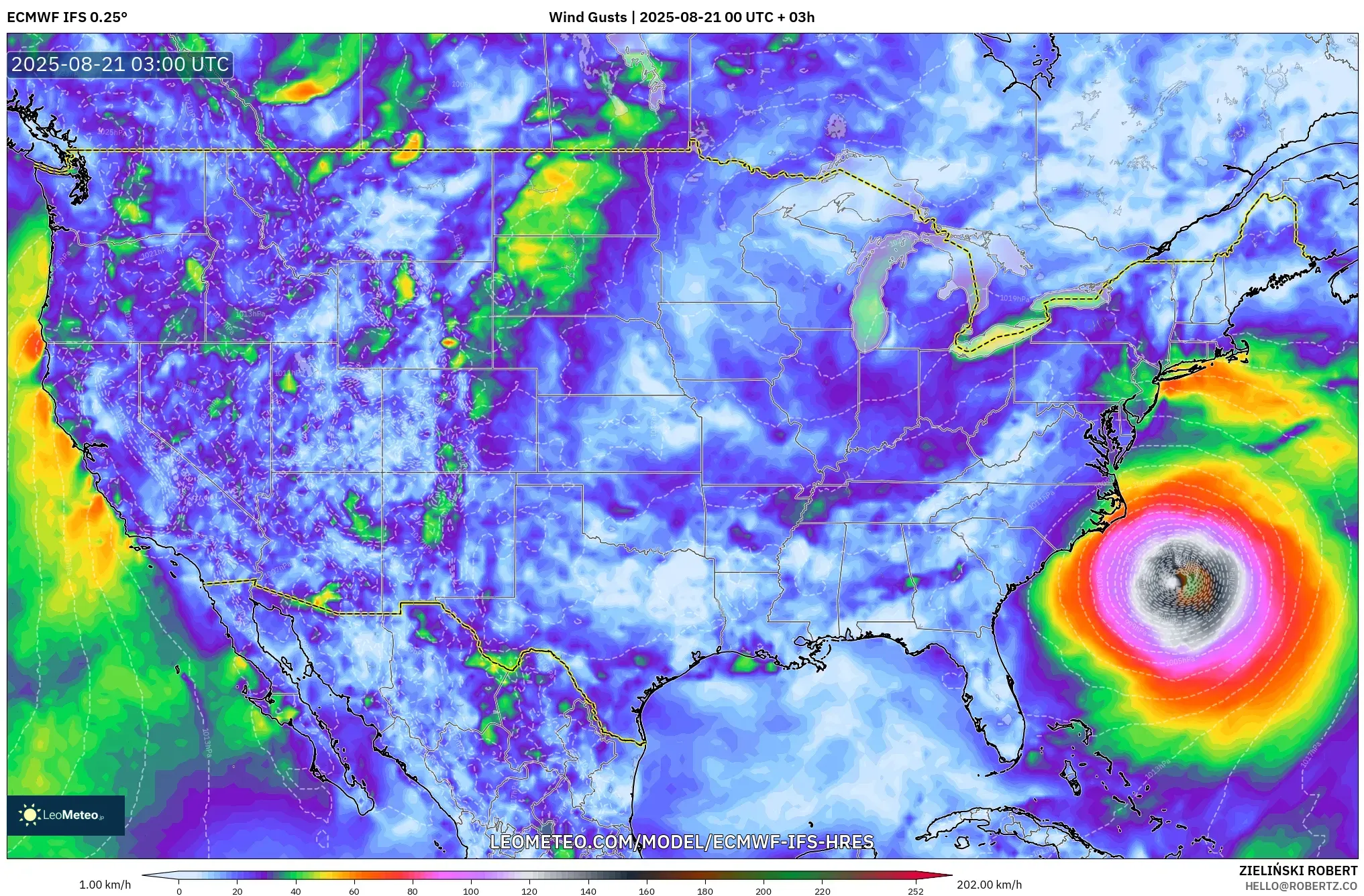 ECMWF IFS 0.25° model - United States, Wind Gusts
