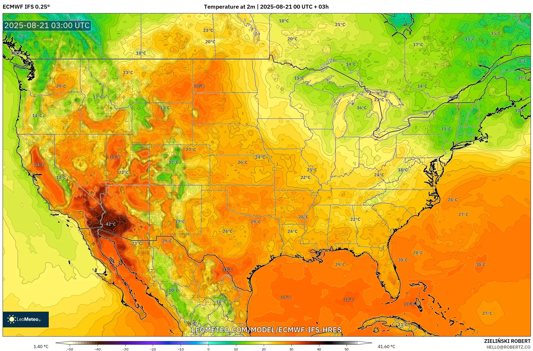 ECMWF IFS 0.25° model - United States, Temperature at 2m