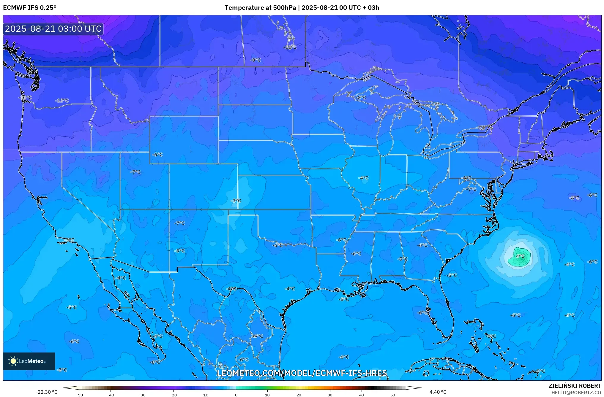 ECMWF IFS 0.25° model - United States, Temperature at 500hPa
