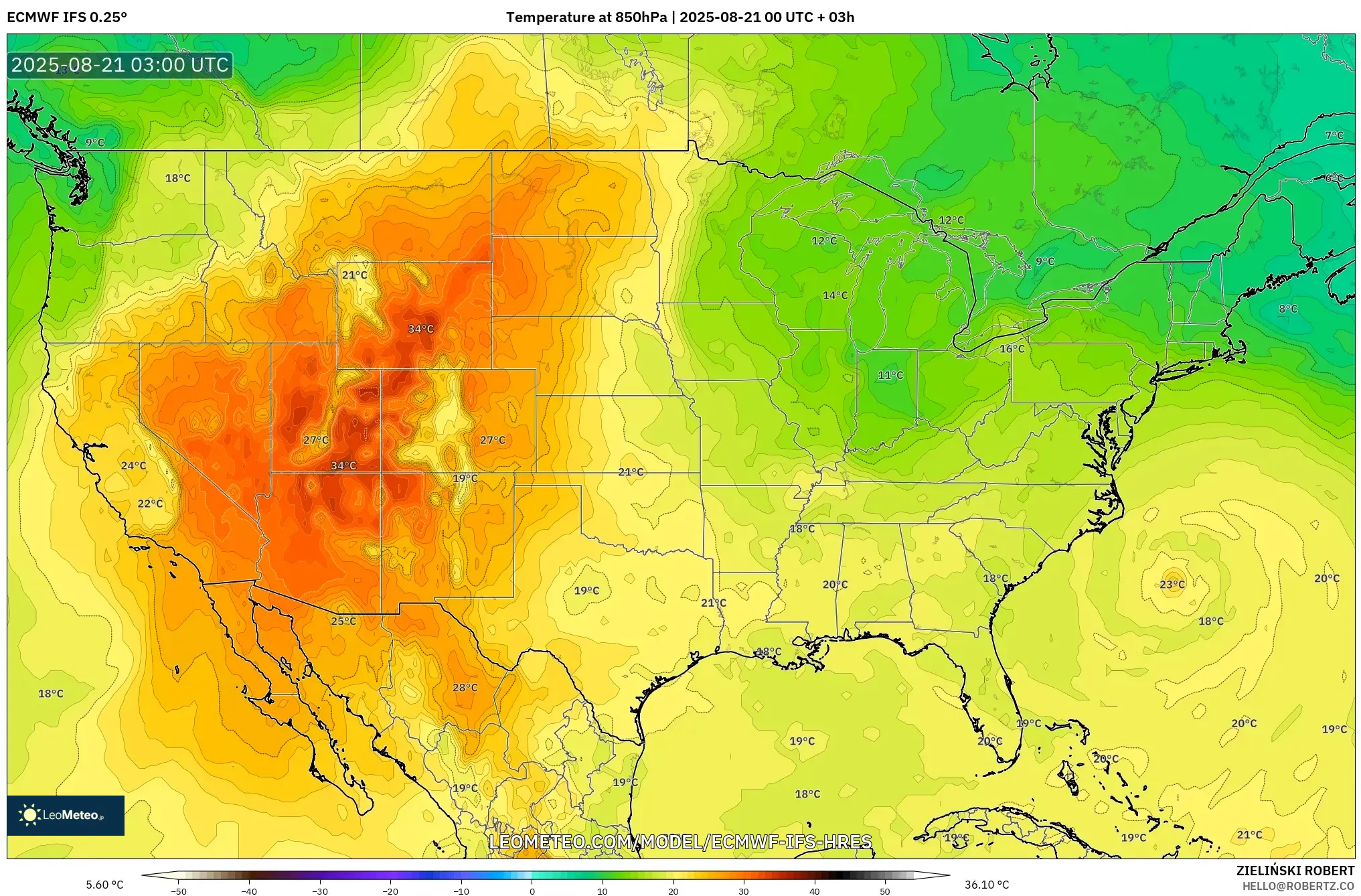 ECMWF IFS 0.25° model - United States, Temperature at 850hPa