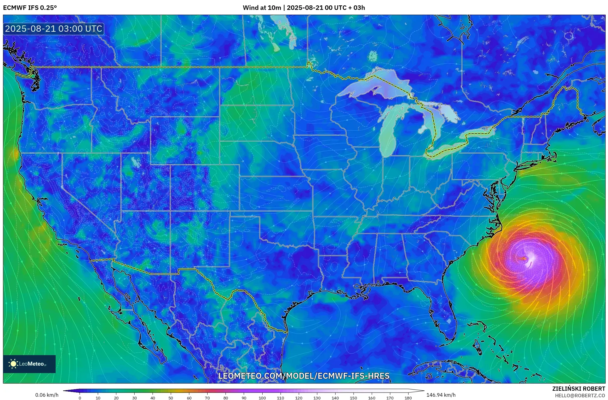 ECMWF IFS 0.25° model - United States, Wind at 10m ECMWF IFS 0.25° model - United States, Wind at 10m