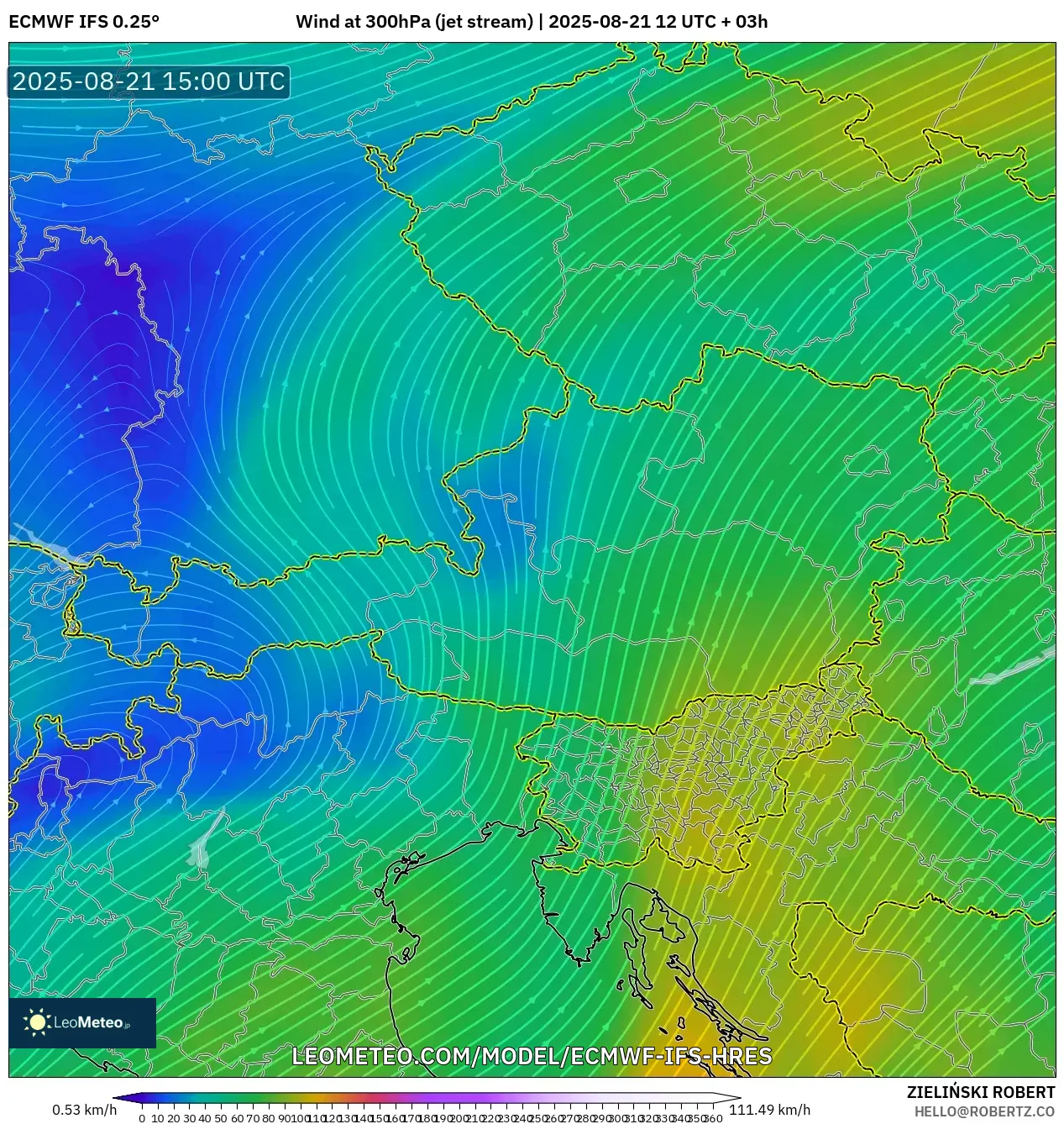 ECMWF IFS 0.25° model - Austria, Wind at 300hPa (jet stream)