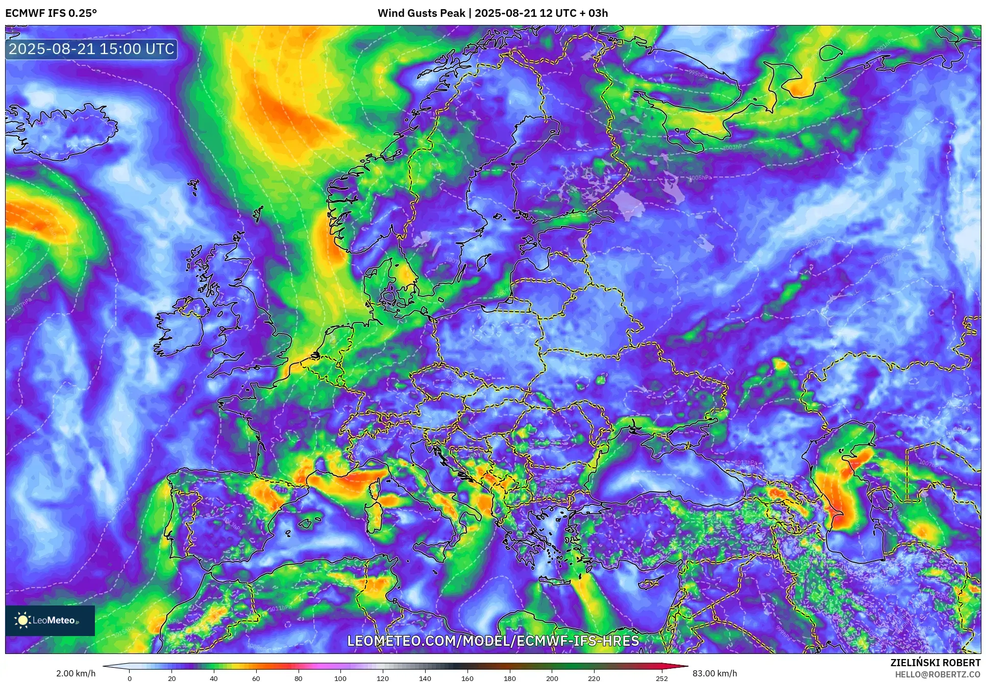 ECMWF IFS 0.25° model - Europe, Wind Gusts Peak
