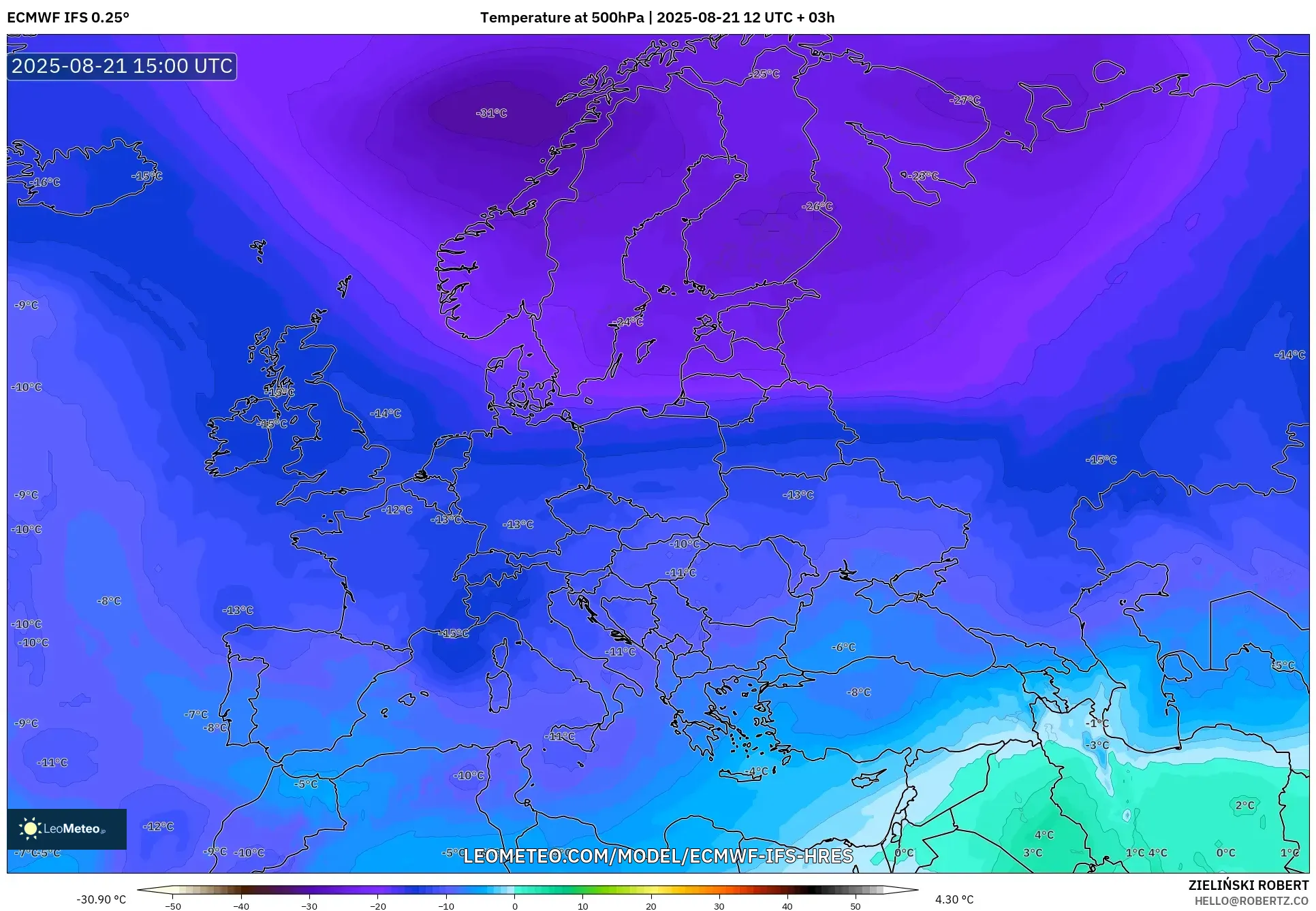 ECMWF IFS 0.25° model - Europe, Temperature at 500hPa ECMWF IFS 0.25° model - Europe, Temperature at 500hPa