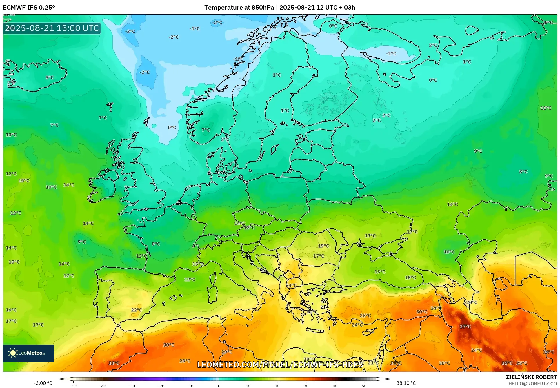 ECMWF IFS 0.25° model - Europe, Temperature at 850hPa ECMWF IFS 0.25° model - Europe, Temperature at 850hPa
