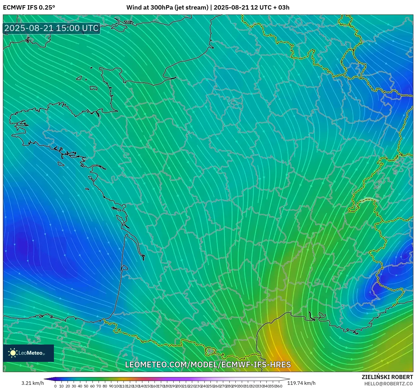 ECMWF IFS 0.25° model - France, Wind at 300hPa (jet stream)
