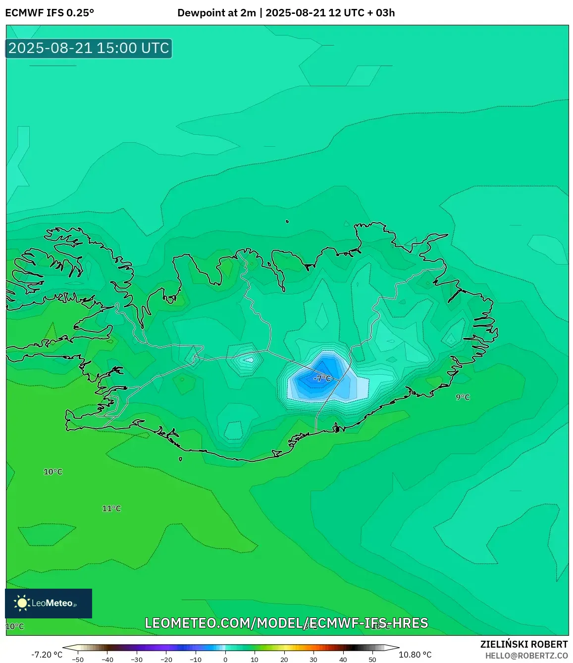 ECMWF IFS 0.25° model - Iceland, Dewpoint at 2m ECMWF IFS 0.25° model - Iceland, Dewpoint at 2m