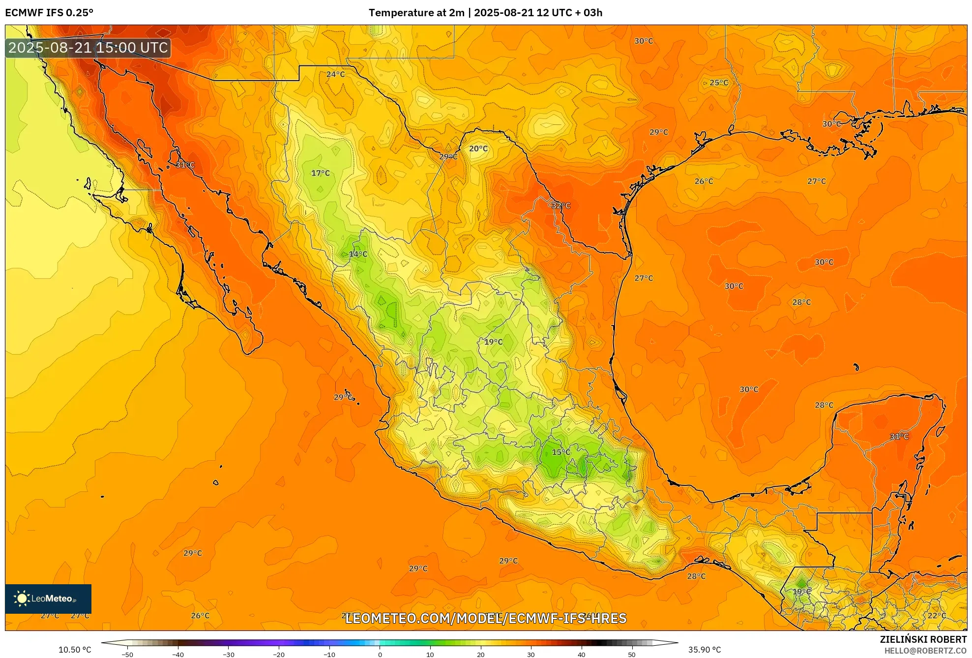 ECMWF IFS 0.25° model - Mexico, Temperature at 2m ECMWF IFS 0.25° model - Mexico, Temperature at 2m