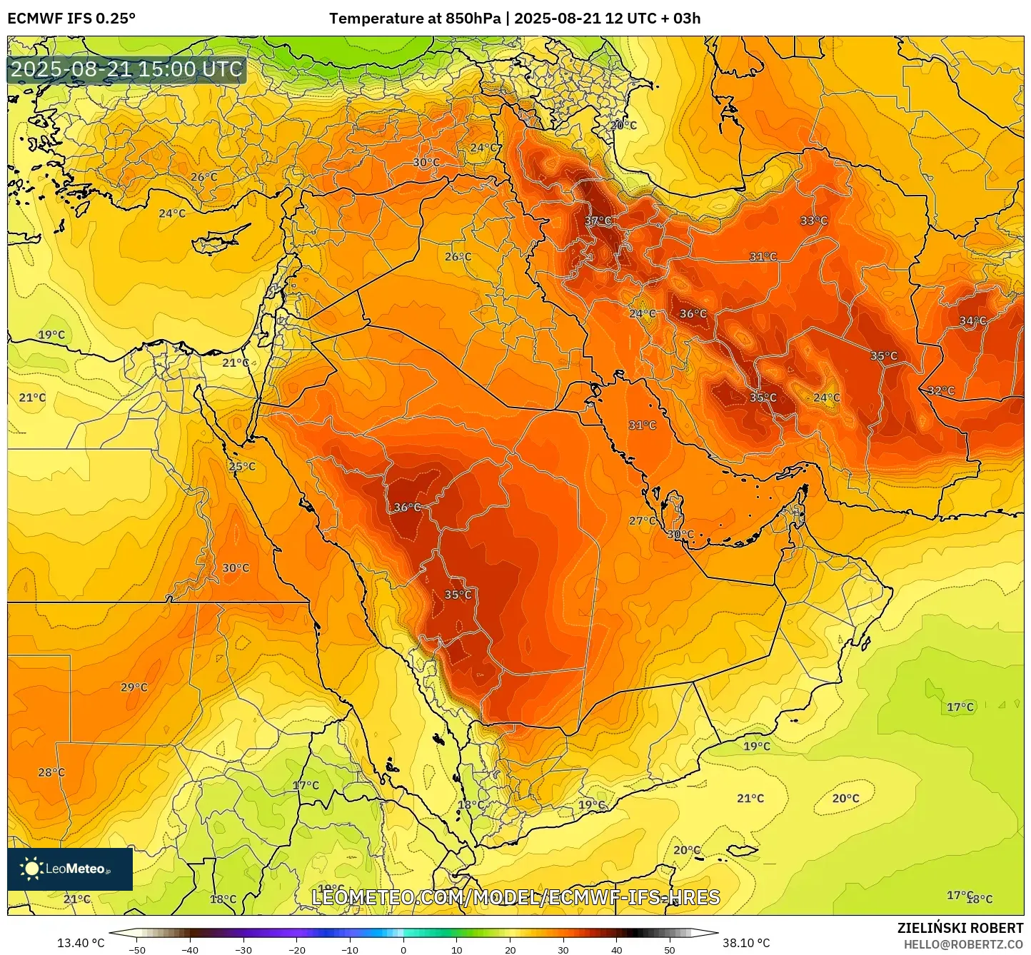 ECMWF IFS 0.25° model - Middle East, Temperature at 850hPa ECMWF IFS 0.25° model - Middle East, Temperature at 850hPa