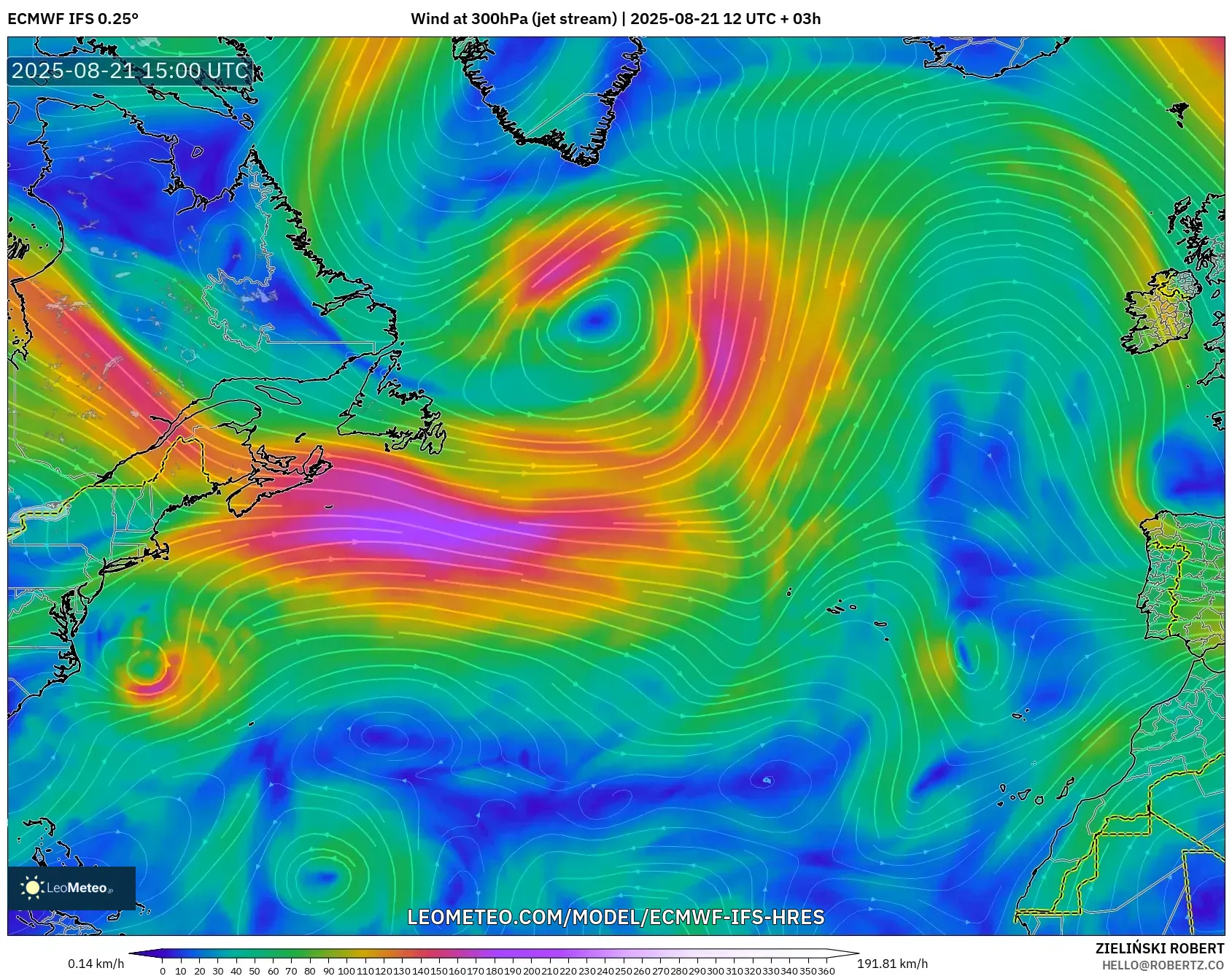 ECMWF IFS 0.25° model - North Atlantic, Wind at 300hPa (jet stream)