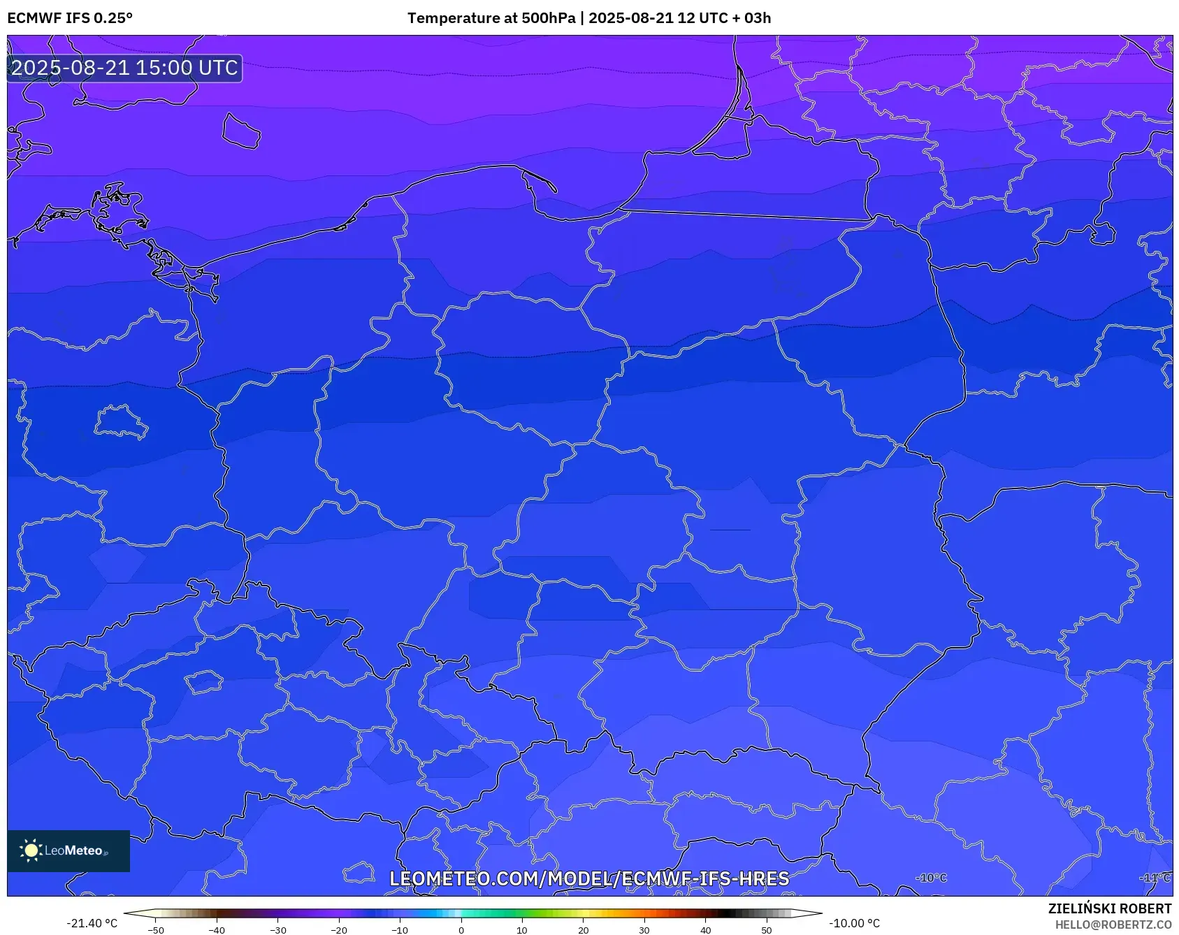 ECMWF IFS 0.25° model - Poland, Temperature at 500hPa