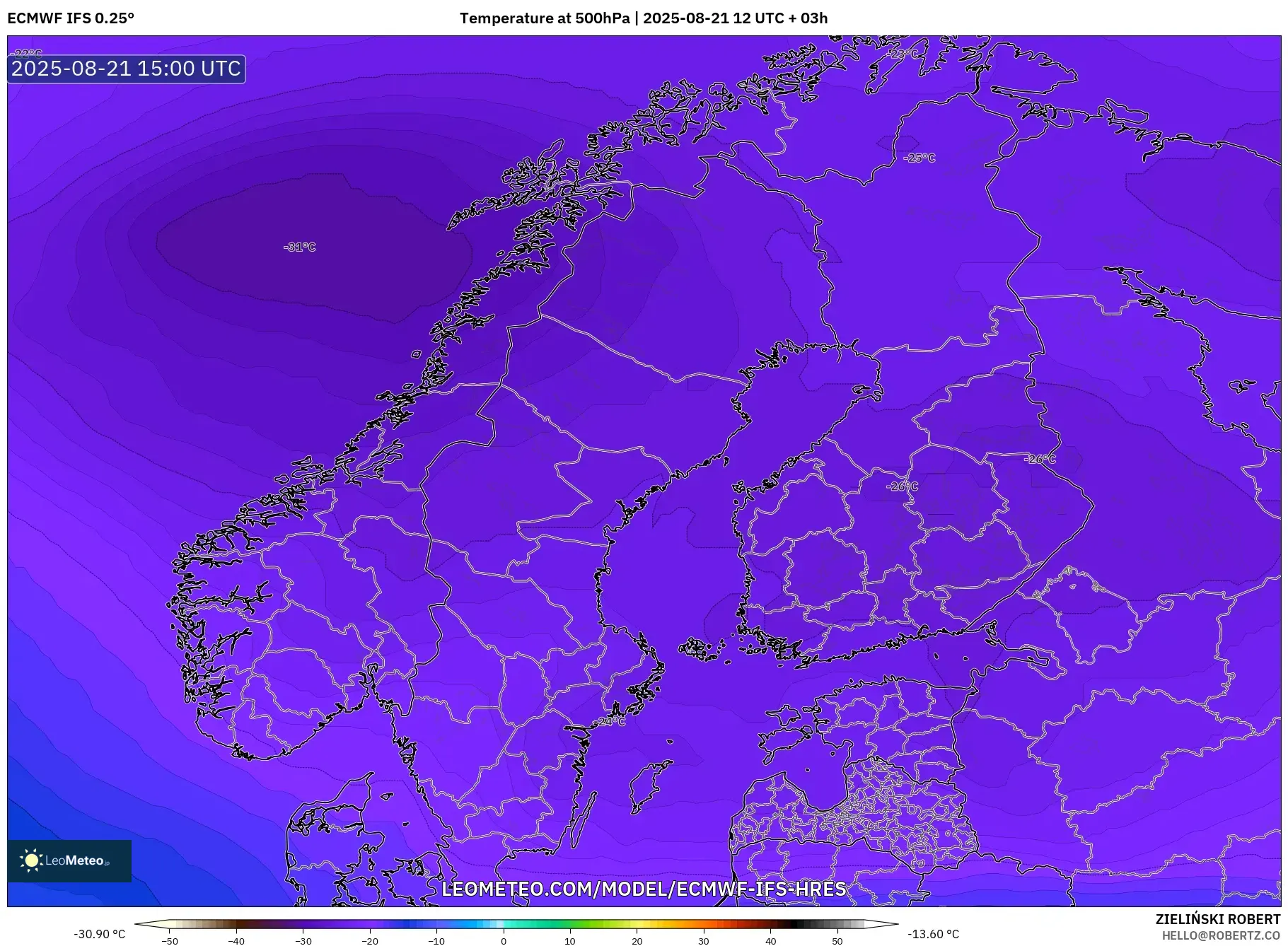 ECMWF IFS 0.25° model - Scandinavia, Temperature at 500hPa