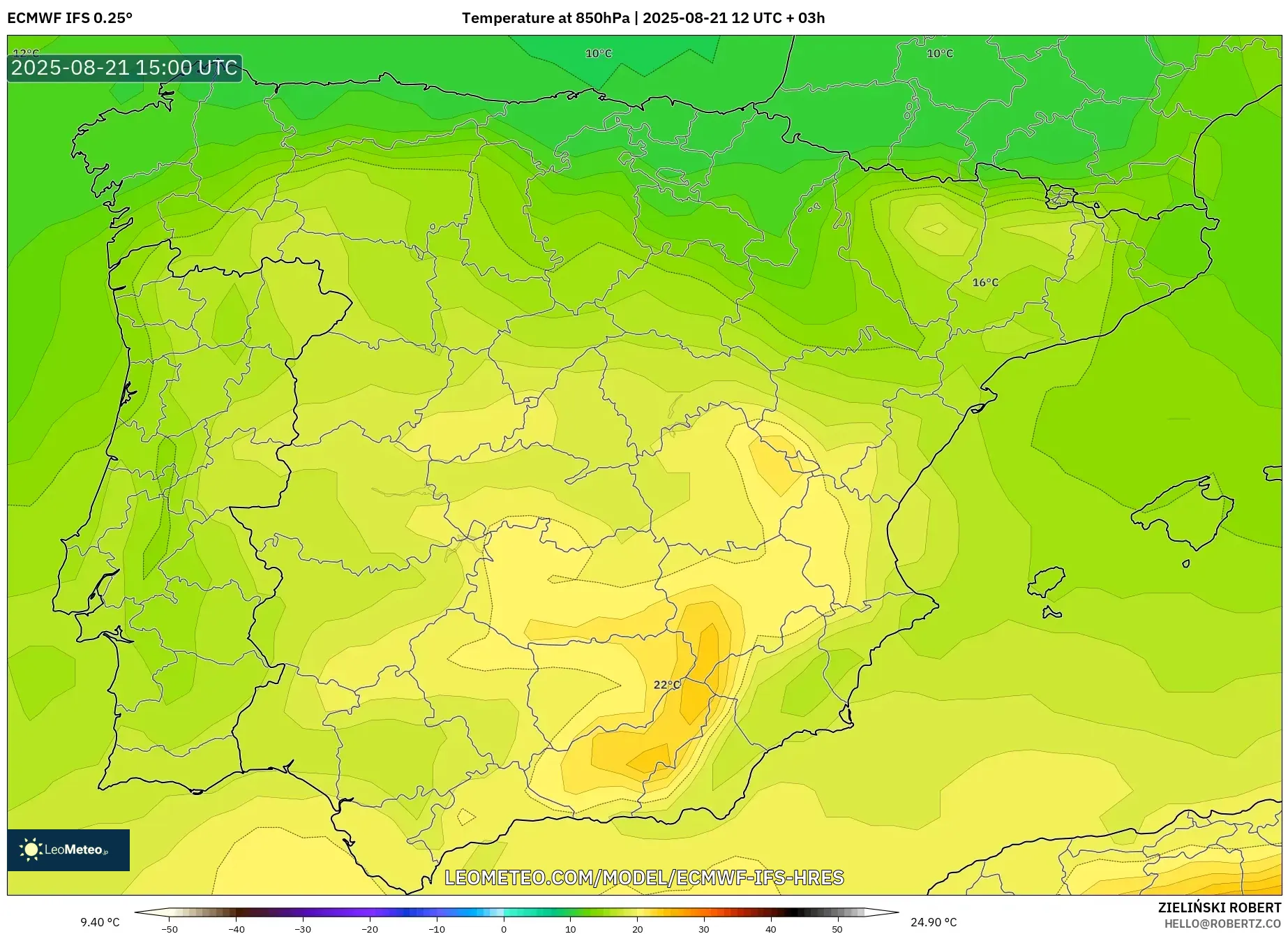 ECMWF IFS 0.25° model - Spain, Temperature at 850hPa ECMWF IFS 0.25° model - Spain, Temperature at 850hPa