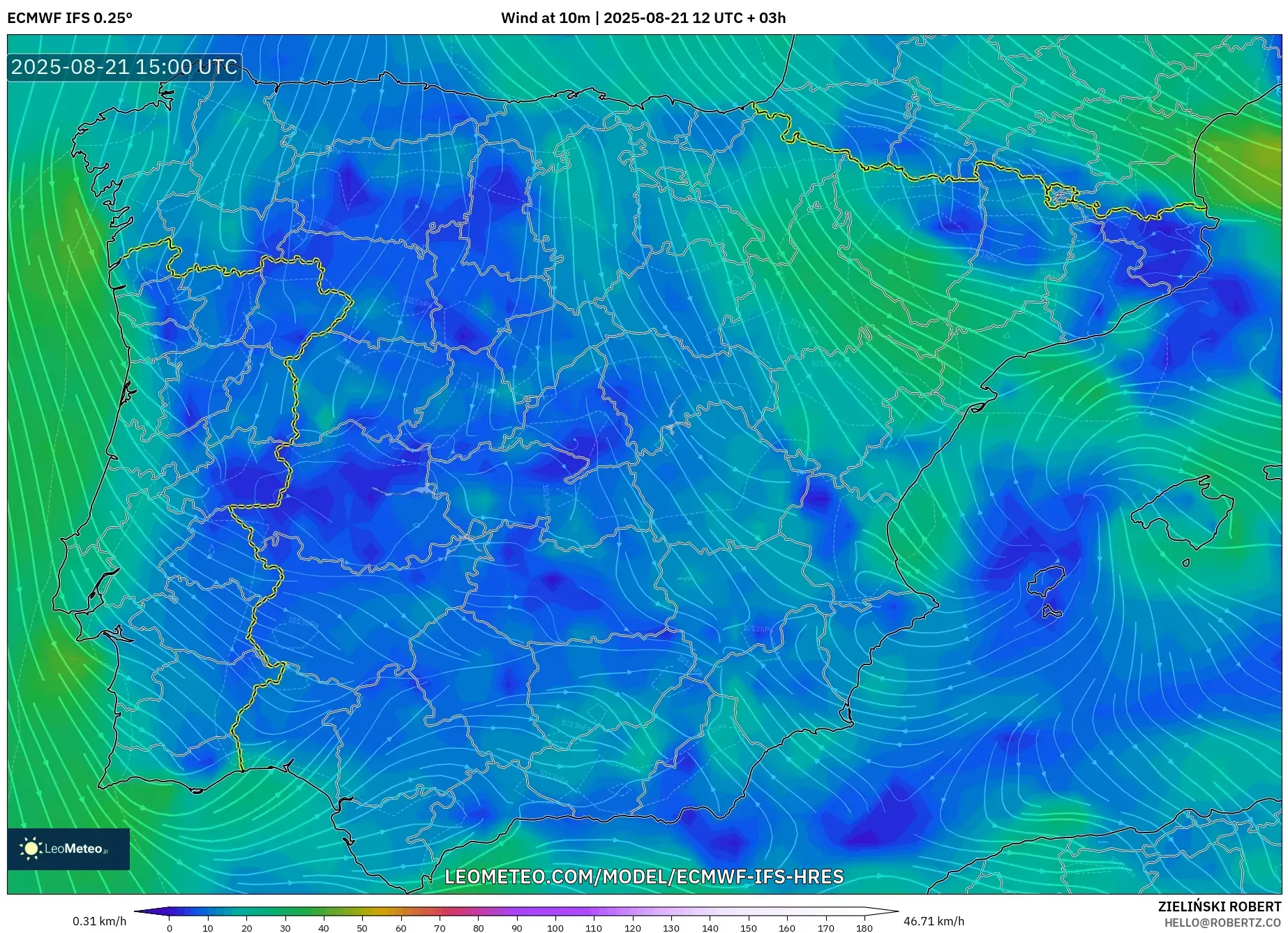ECMWF IFS 0.25° model - Spain, Wind at 10m ECMWF IFS 0.25° model - Spain, Wind at 10m