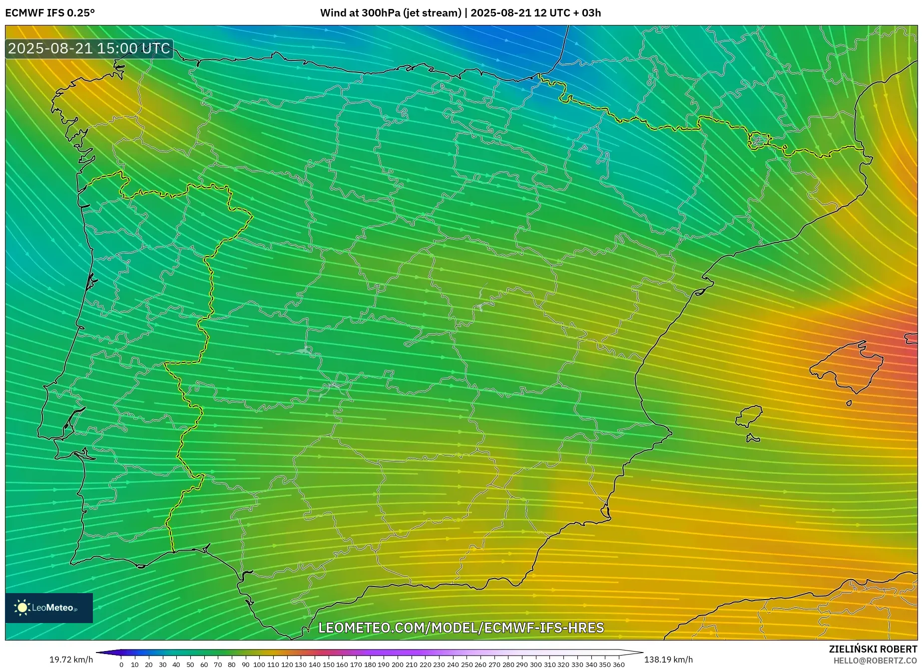 ECMWF IFS 0.25° model - Spain, Wind at 300hPa (jet stream)