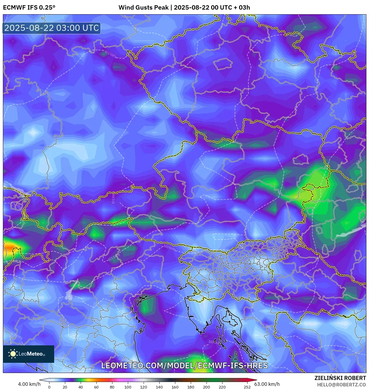 ECMWF IFS 0.25° model - Austria, Wind Gusts Peak