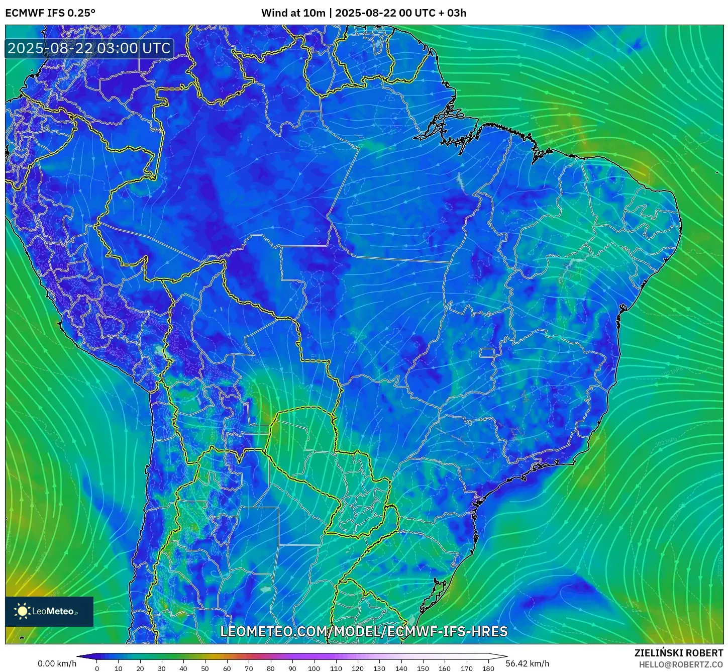 ECMWF IFS 0.25° model - Brazil, Wind at 10m