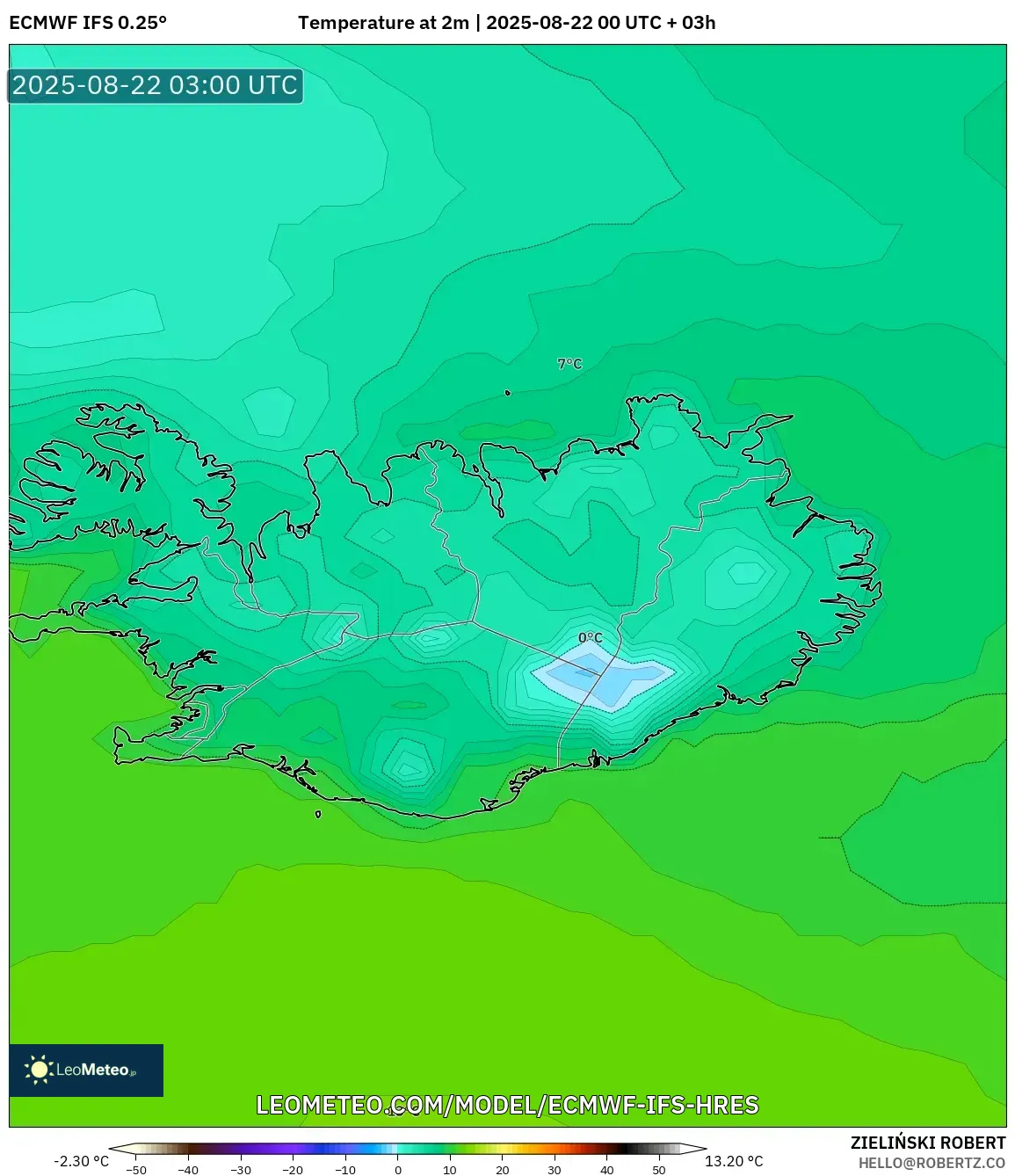 ECMWF IFS 0.25° model - Iceland, Temperature at 2m