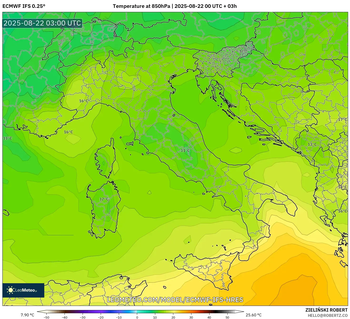 ECMWF IFS 0.25° model - Italy, Temperature at 850hPa