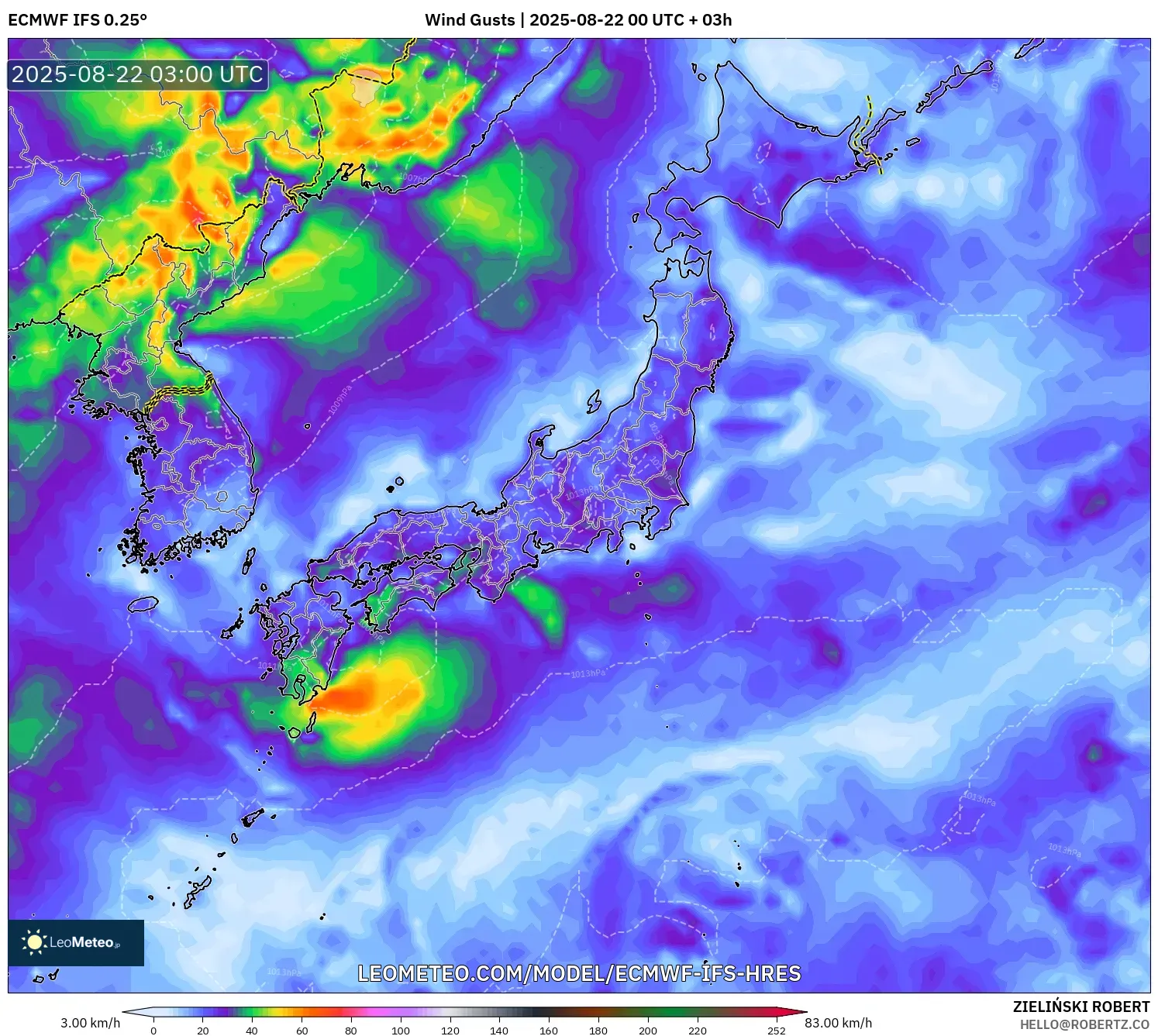 ECMWF IFS 0.25° model - Japan, Wind Gusts