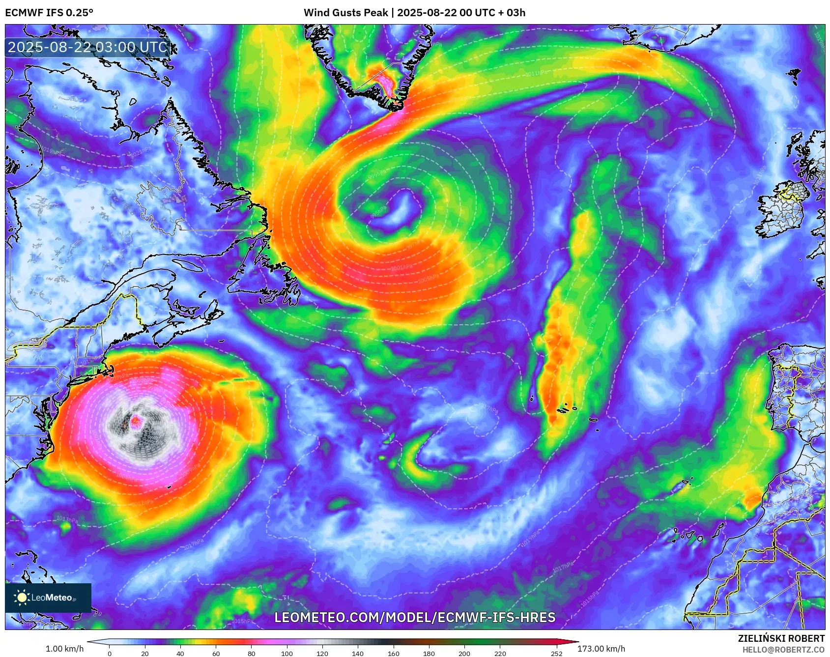 ECMWF IFS 0.25° model - North Atlantic, Wind Gusts Peak