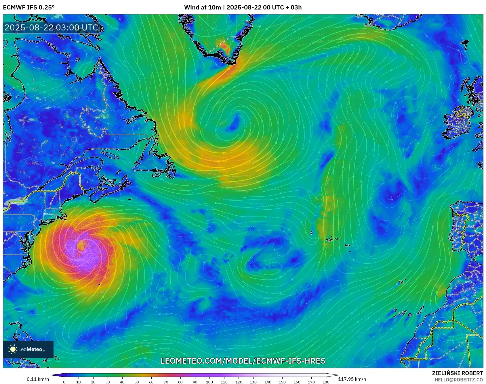 ECMWF IFS 0.25° model - North Atlantic, Wind at 10m ECMWF IFS 0.25° model - North Atlantic, Wind at 10m