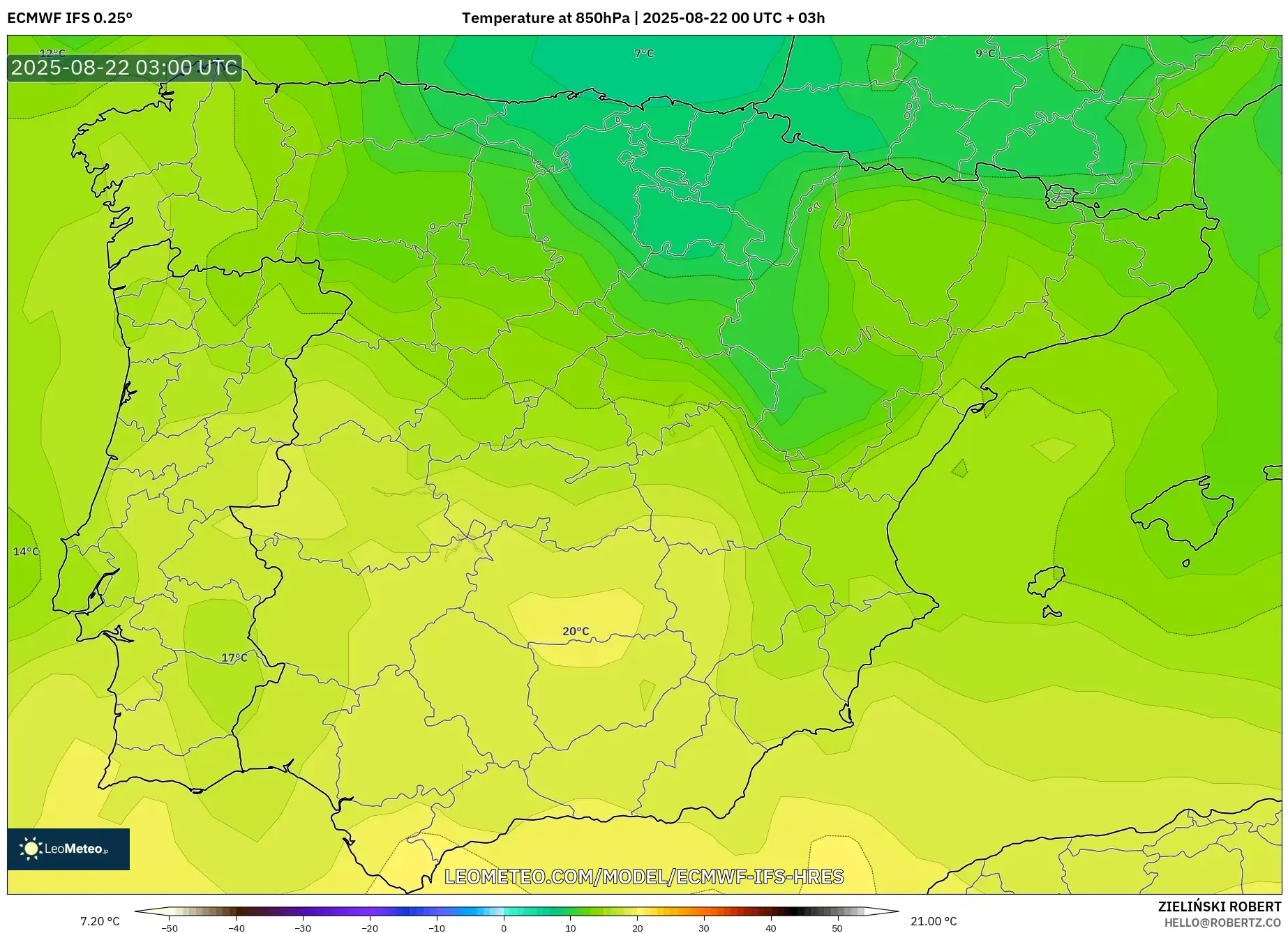 ECMWF IFS 0.25° model - Spain, Temperature at 850hPa
