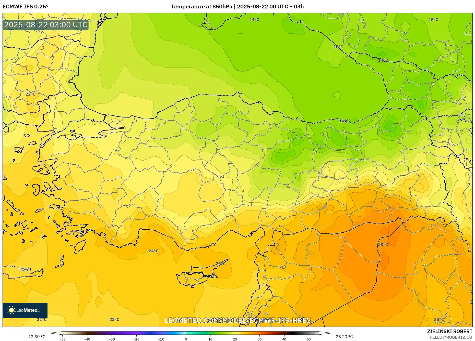 ECMWF IFS 0.25° model - Turkey, Temperature at 850hPa ECMWF IFS 0.25° model - Turkey, Temperature at 850hPa