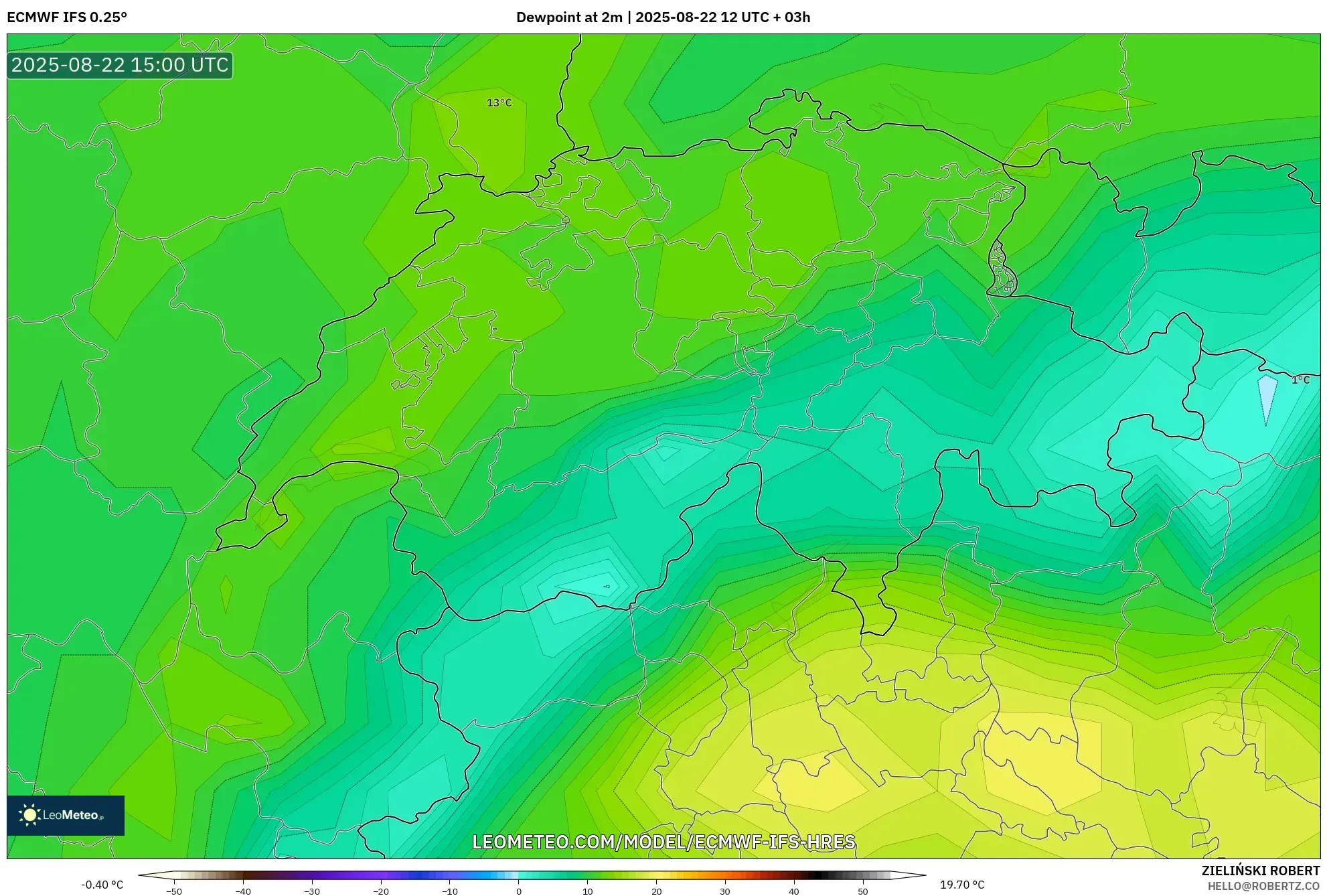 ECMWF IFS 0.25° model - Switzerland, Dewpoint at 2m ECMWF IFS 0.25° model - Switzerland, Dewpoint at 2m