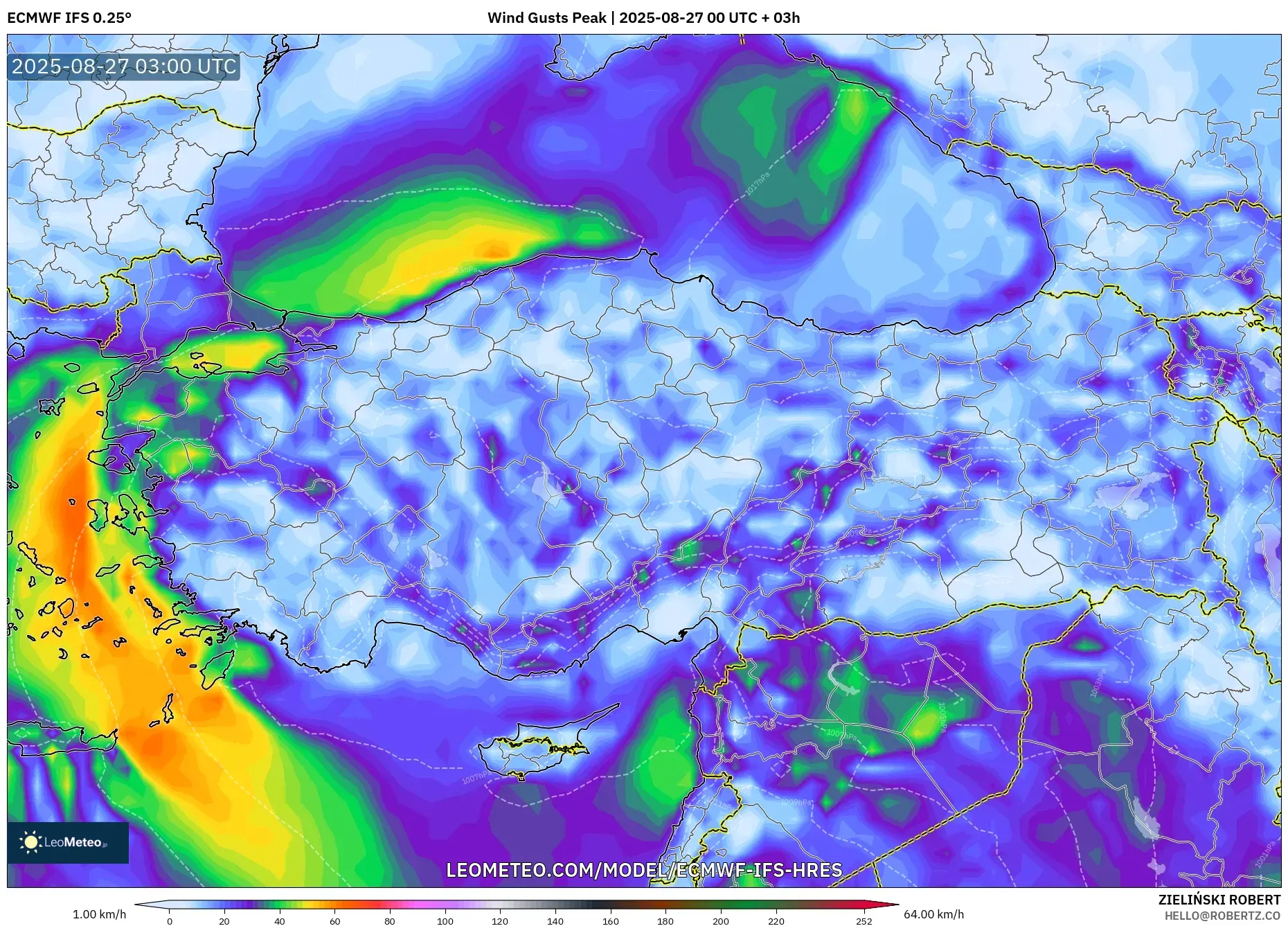 ECMWF IFS 0.25° model - Turkey, Wind Gusts Peak ECMWF IFS 0.25° model - Turkey, Wind Gusts Peak