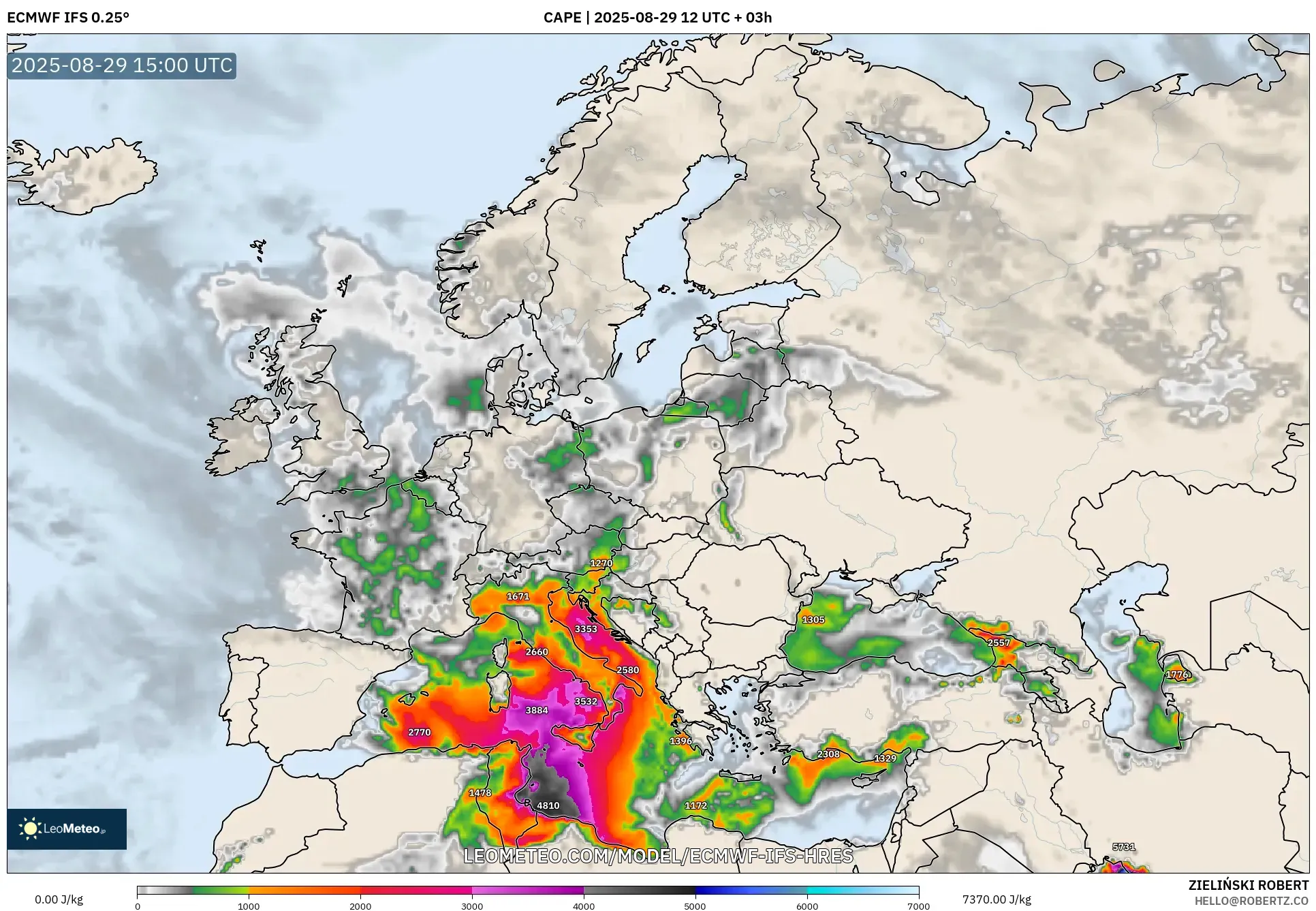 ECMWF IFS 0.25° model - Europe, CAPE ECMWF IFS 0.25° model - Europe, CAPE