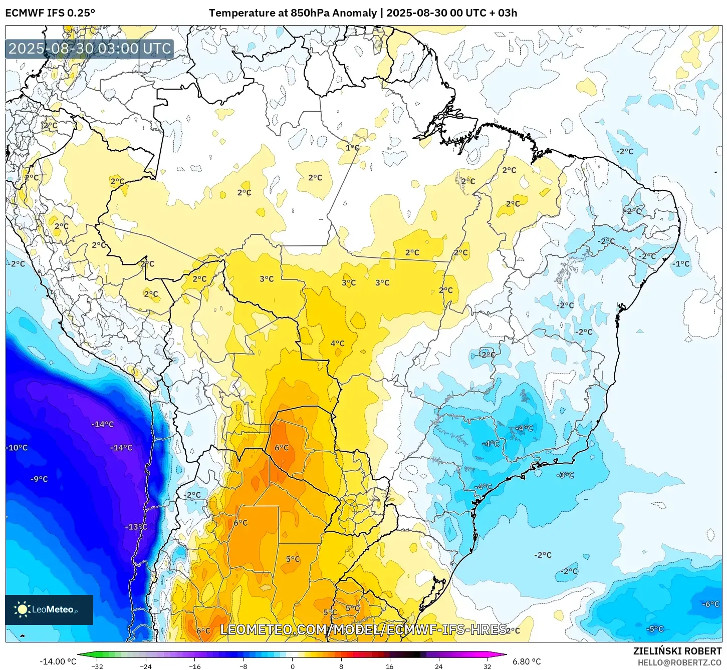 ECMWF IFS 0.25° model - Brazil, Temperature at 850hPa Anomaly ECMWF IFS 0.25° model - Brazil, Temperature at 850hPa Anomaly
