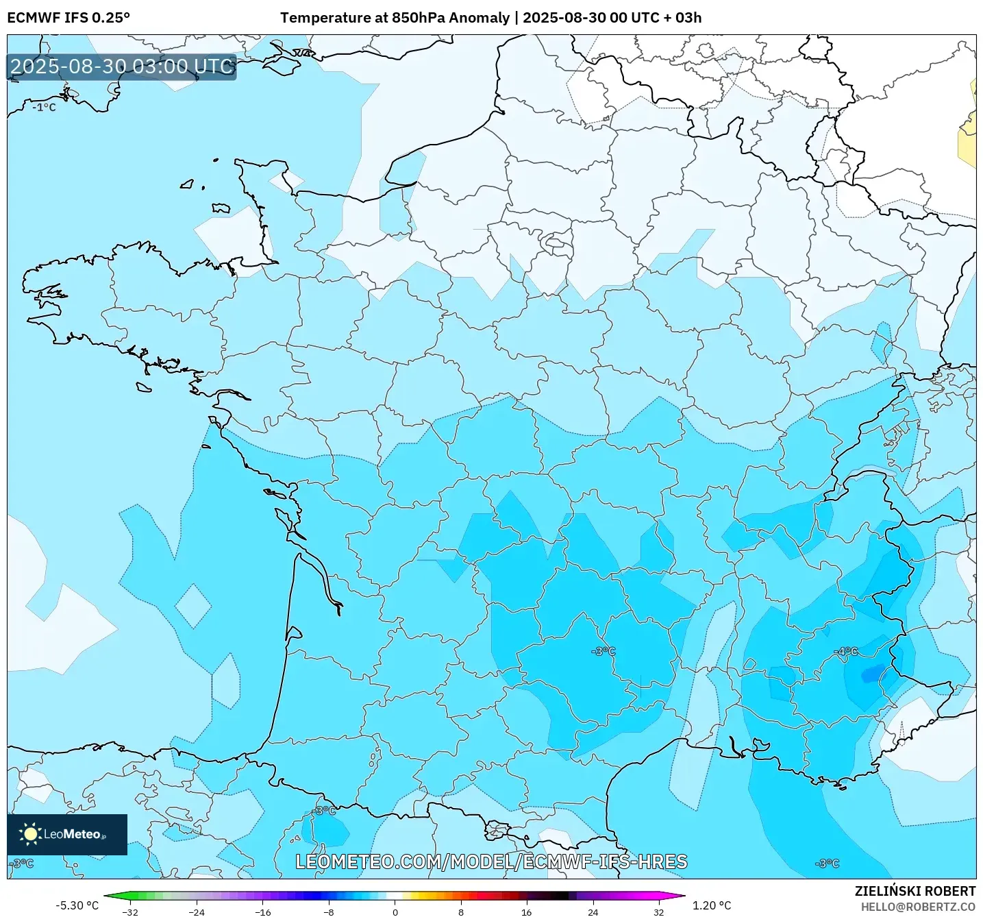ECMWF IFS 0.25° model - France, Temperature at 850hPa Anomaly ECMWF IFS 0.25° model - France, Temperature at 850hPa Anomaly