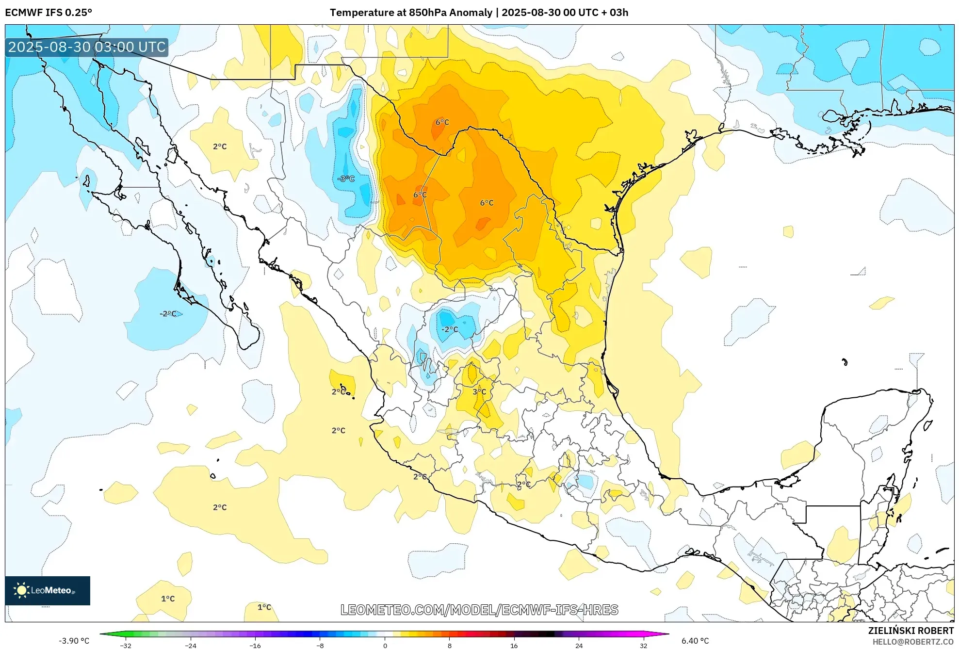 ECMWF IFS 0.25° model - Mexico, Temperature at 850hPa Anomaly ECMWF IFS 0.25° model - Mexico, Temperature at 850hPa Anomaly
