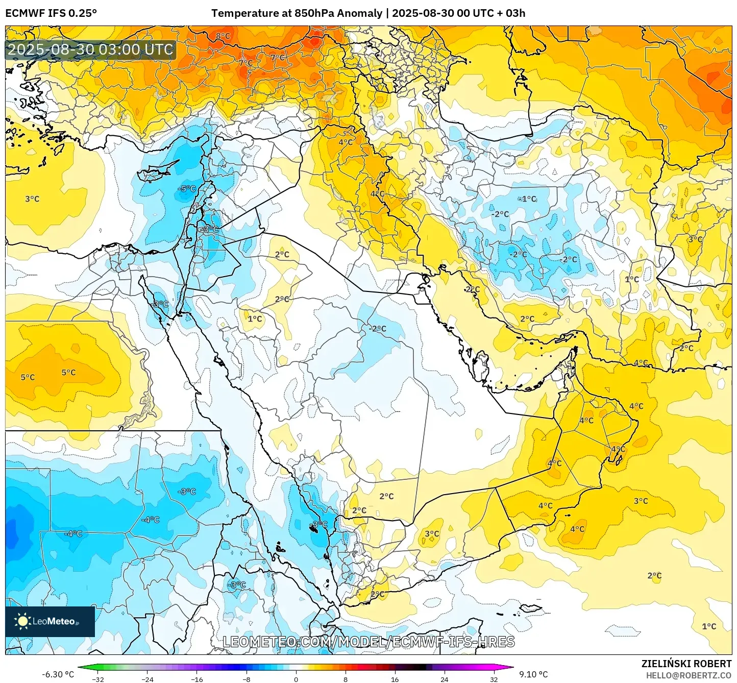 ECMWF IFS 0.25° model - Middle East, Temperature at 850hPa Anomaly ECMWF IFS 0.25° model - Middle East, Temperature at 850hPa Anomaly