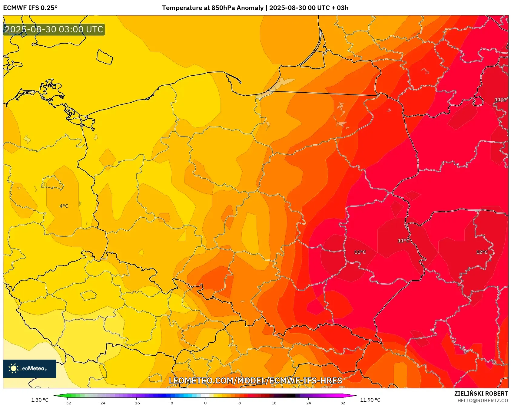 ECMWF IFS 0.25° model - Poland, Temperature at 850hPa Anomaly ECMWF IFS 0.25° model - Poland, Temperature at 850hPa Anomaly