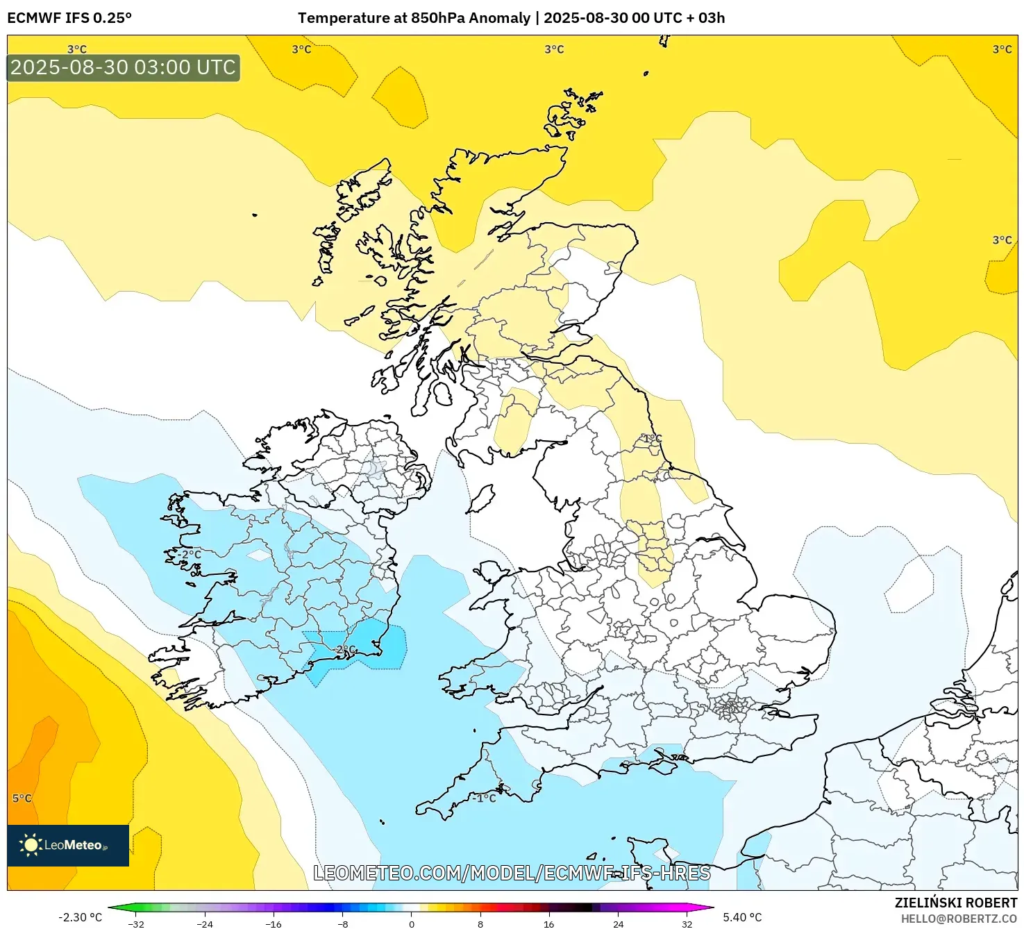 ECMWF IFS 0.25° model - United Kingdom, Temperature at 850hPa Anomaly